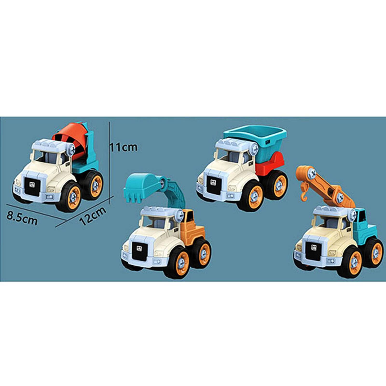 Kit 4 en 1 Vehiculos De Construcción DIY 11 cm altura .