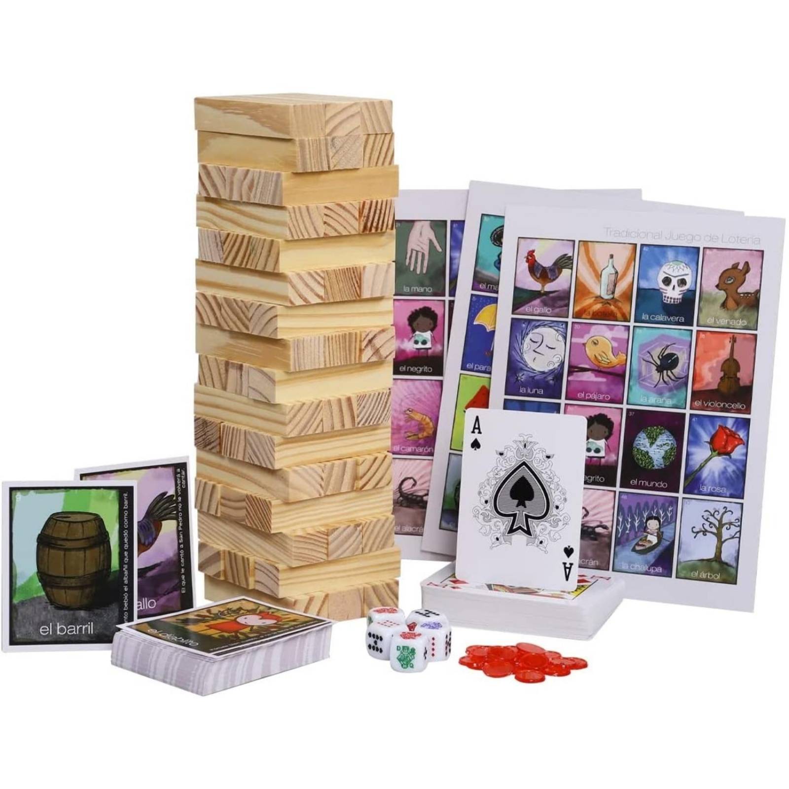 Juegos 3 en 1 Lotería, Póker, Torre Madera Familiar .