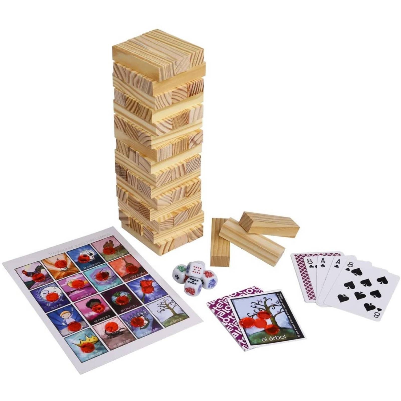 Juegos 3 en 1 Lotería, Póker, Torre Madera Familiar .