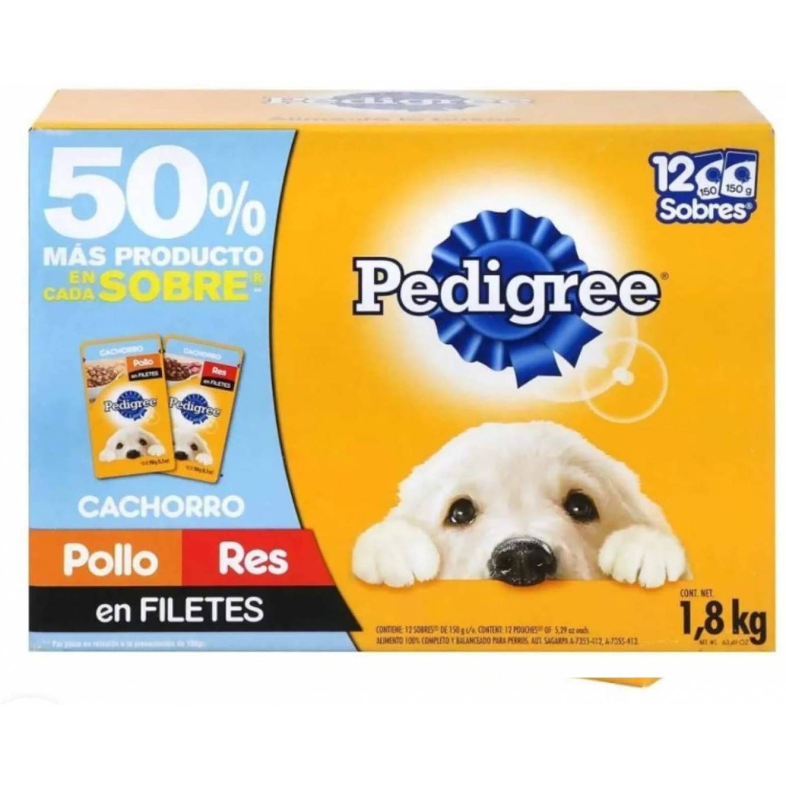 P Alimento para Perro 12 Sobres de 150g Pollo-Res en filetes Cachorro Pedigree