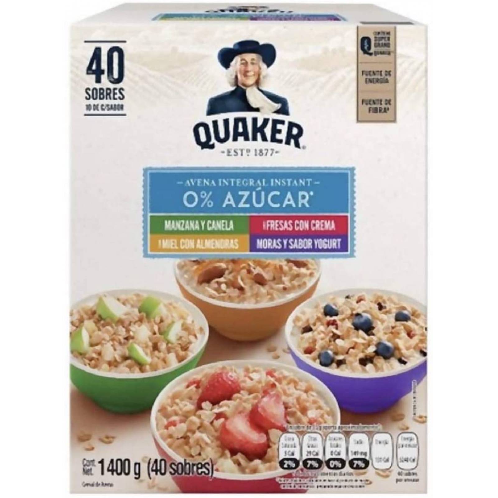 AVENA CEREAL SURTIDO DE AVENA QUAKER 0% AZUCAR CAJA CON 40 PIEZAS TOTAL 1.4 KG DESAYUNO CENA NEGOCIO SNACK