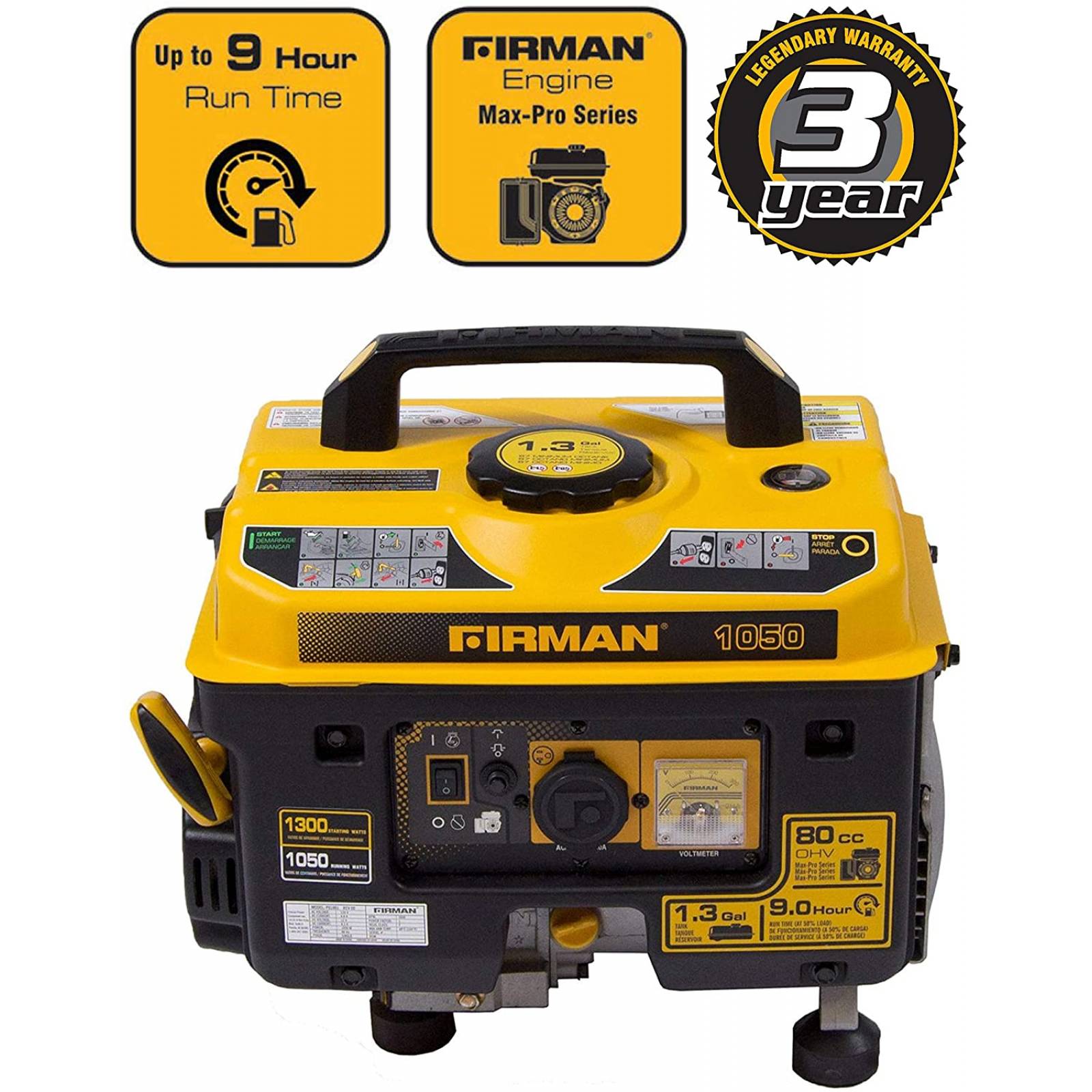 Firman P01001 - Generador portátil de Arranque de Gas (1300/1050 W, Certificado Carb y CETL, Color Negro, G