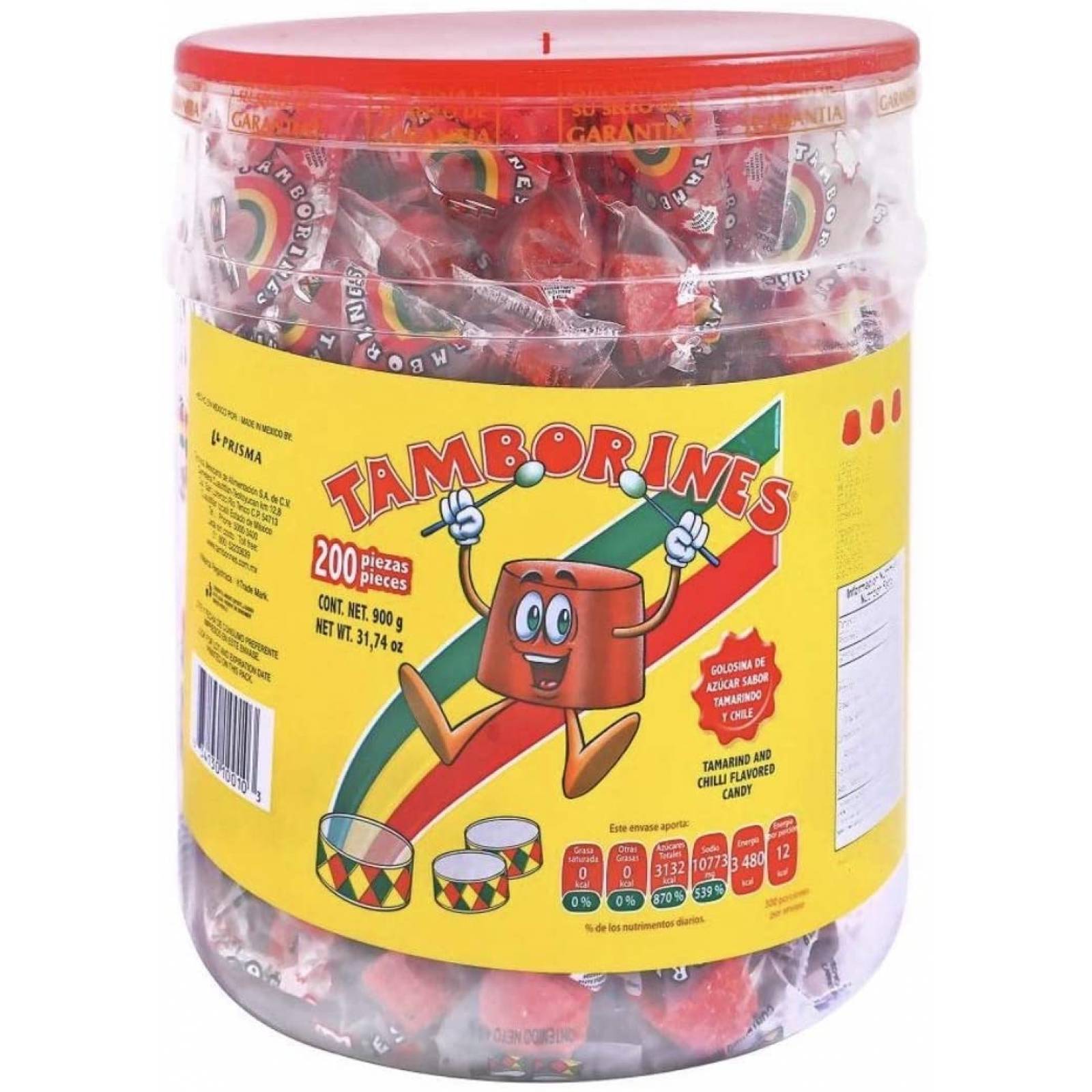 DULCES TAMBORINES DE AZÚCAR PRISMA VITROLERO CON 200 PIEZAS GOLOSINA BOTANA SNACK FIESTA NEGOCIO