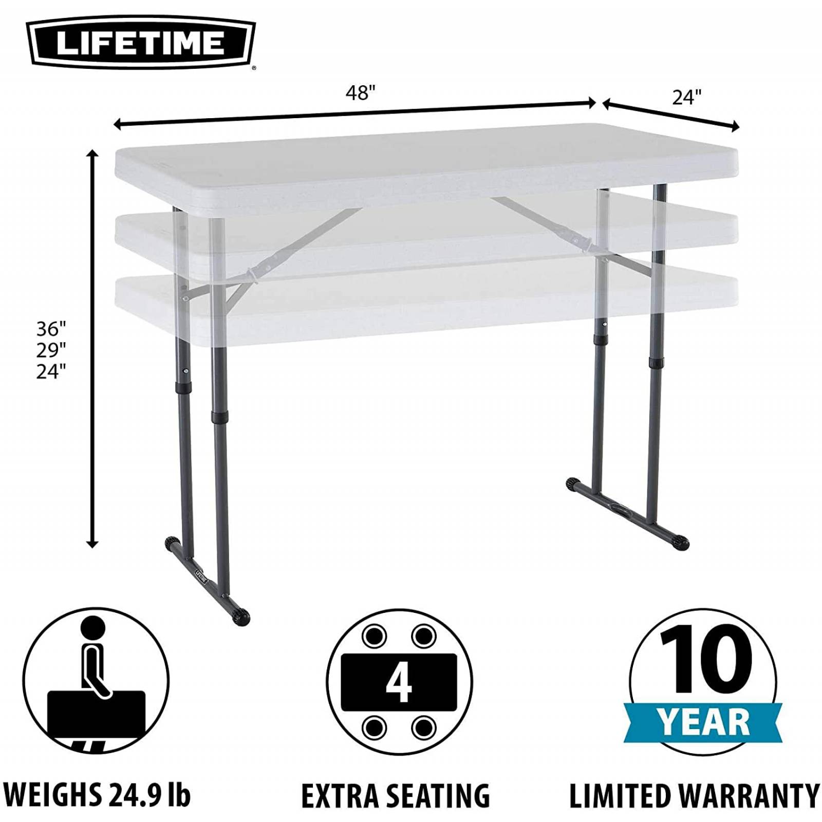 Lifetime 80160 Commercial Height Adjustable Folding Utility Table, 4 Feet, White Granite