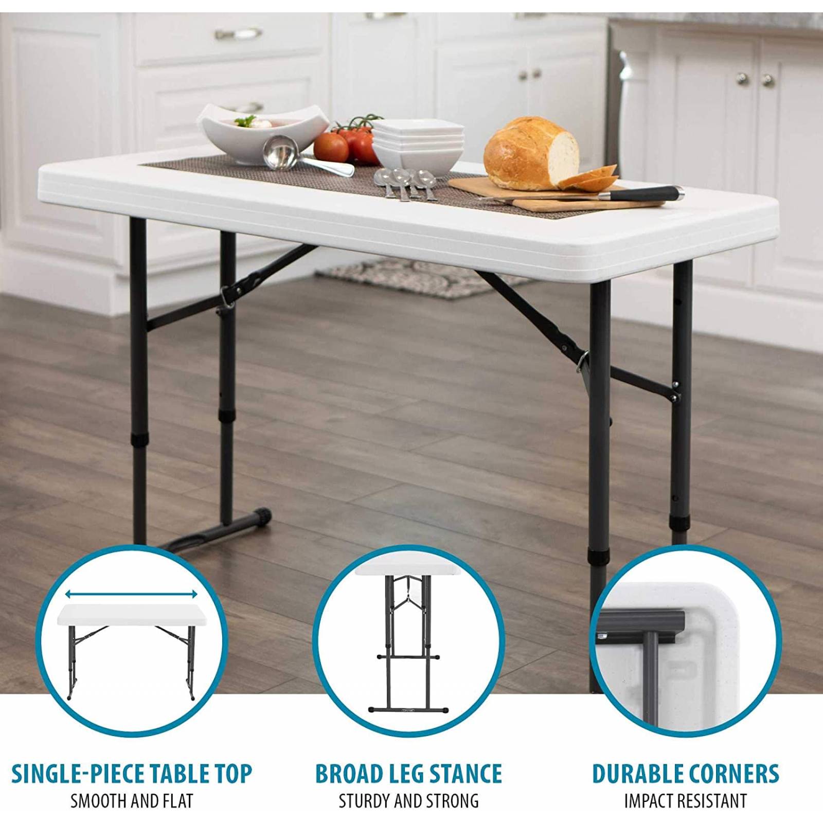 Lifetime 80160 Commercial Height Adjustable Folding Utility Table, 4 Feet, White Granite