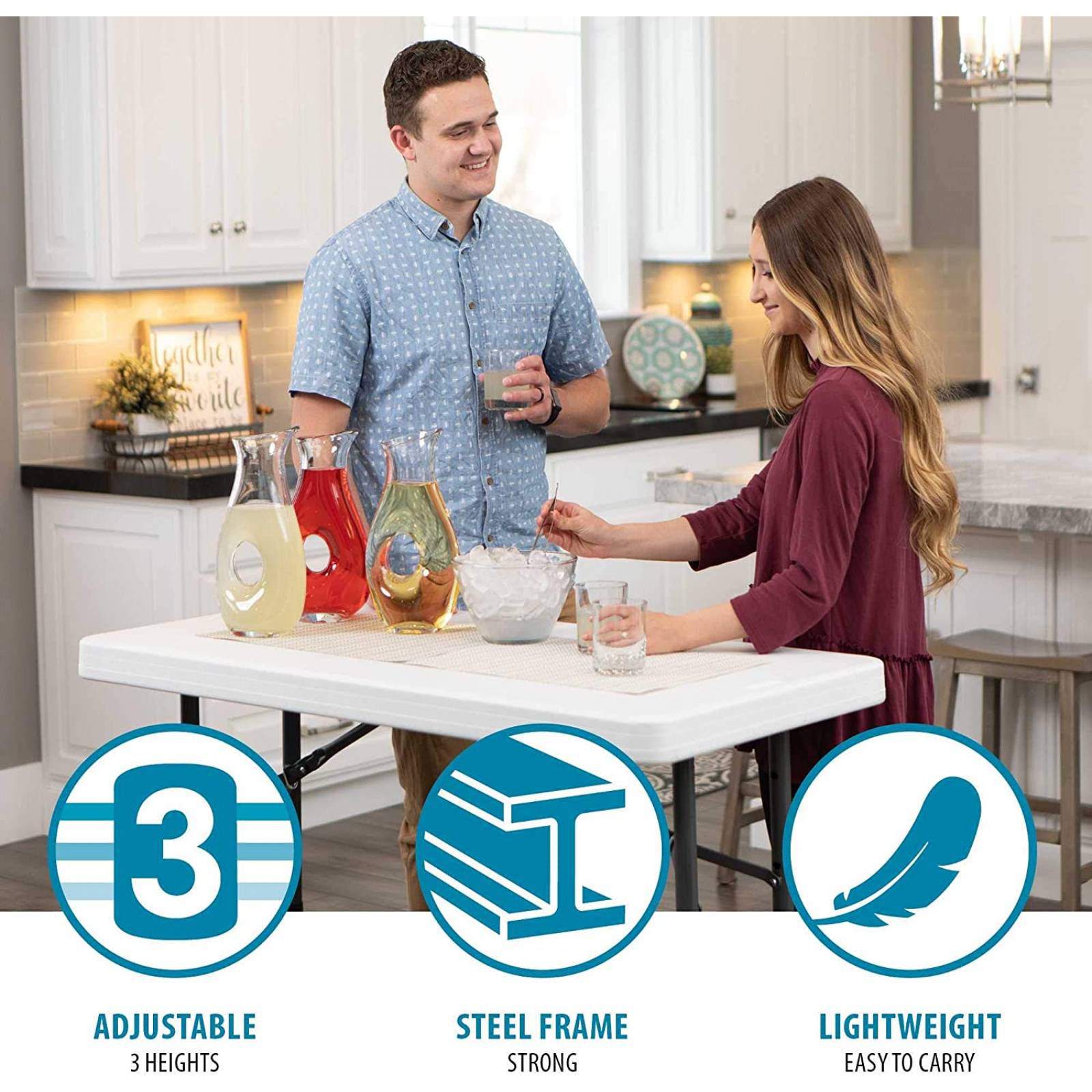 Lifetime 80160 Commercial Height Adjustable Folding Utility Table, 4 Feet, White Granite