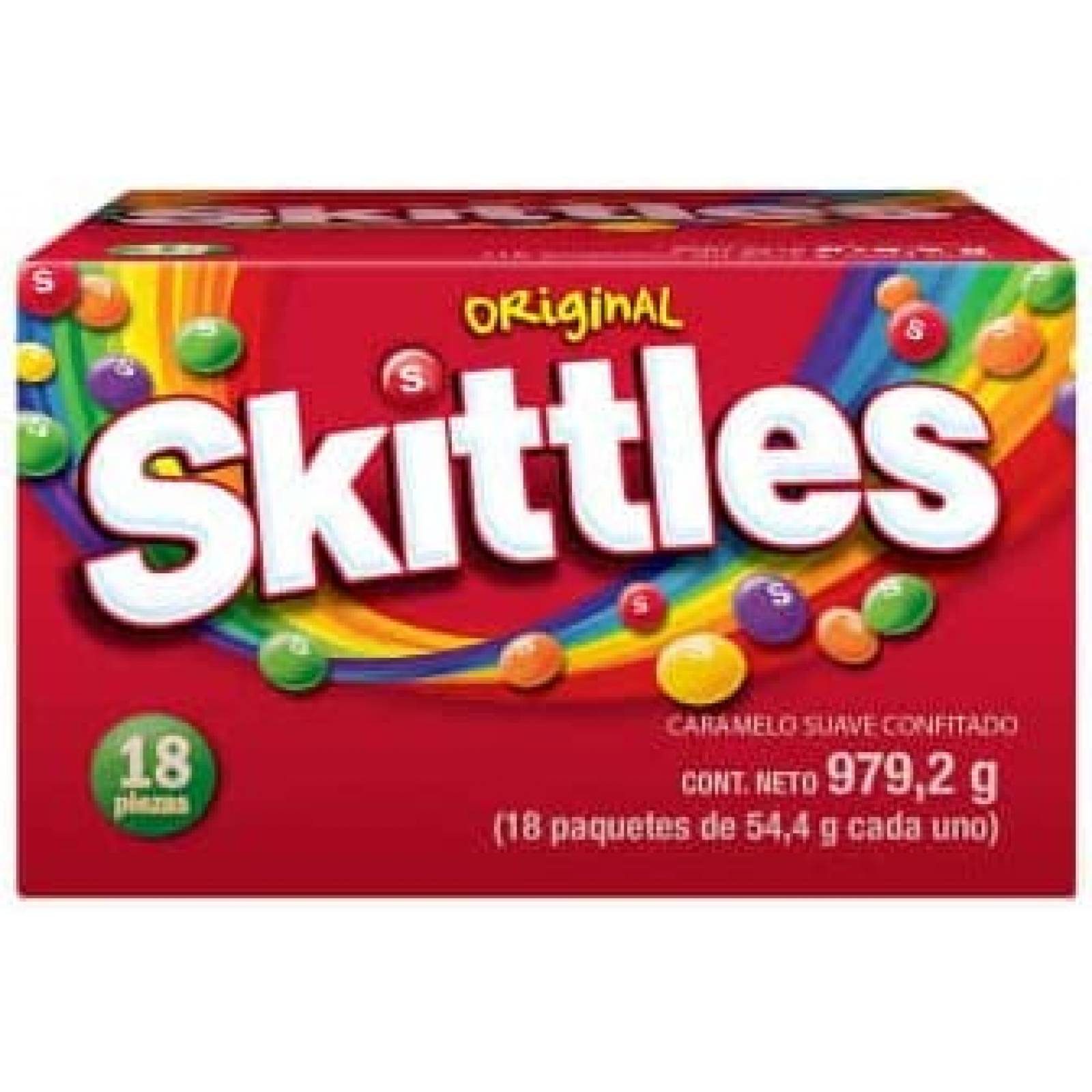 Skittles Original 18 paquetes de 54.4 g c/u, total 972.2 gr, Caramelo suave confitado