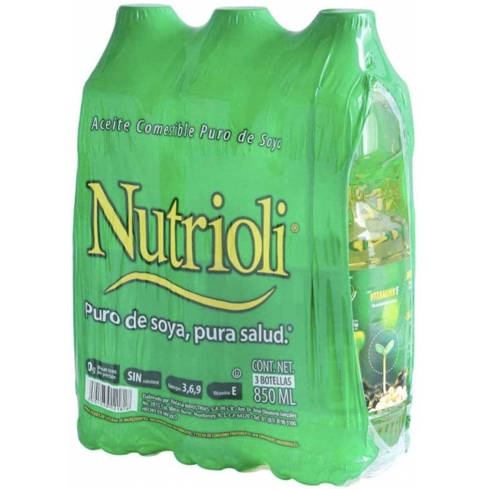 ACEITE DE COCINA NUTRIOLI PURO DE SOYA PAQUETE DE 3 PIEZAS DE 850 ML C/U COCINA DESAYUNO CENA NEGOCIO RESTA