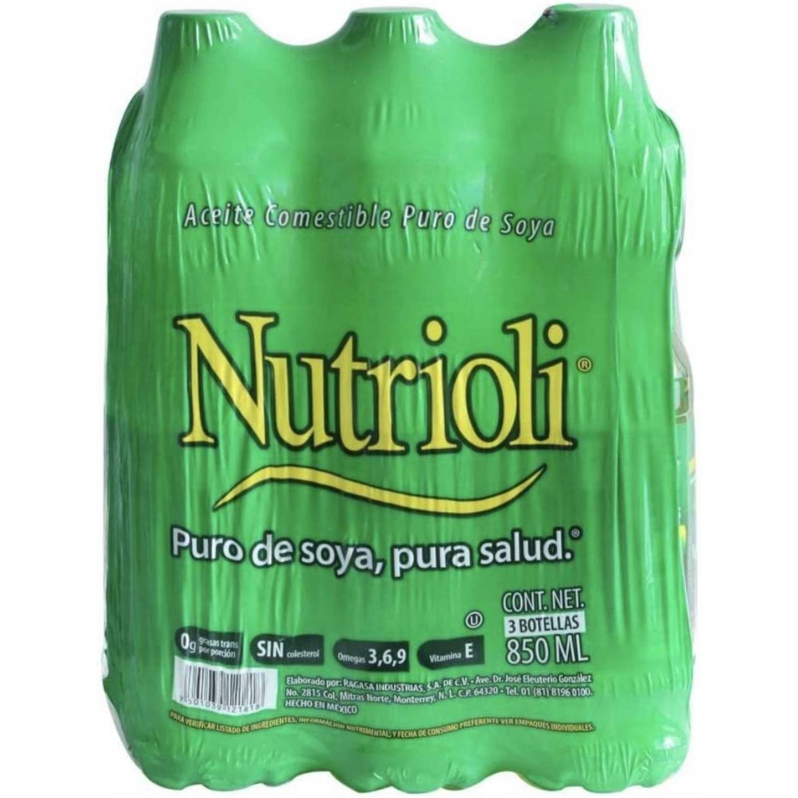 ACEITE DE COCINA NUTRIOLI PURO DE SOYA PAQUETE DE 3 PIEZAS DE 850 ML C/U COCINA DESAYUNO CENA NEGOCIO RESTA