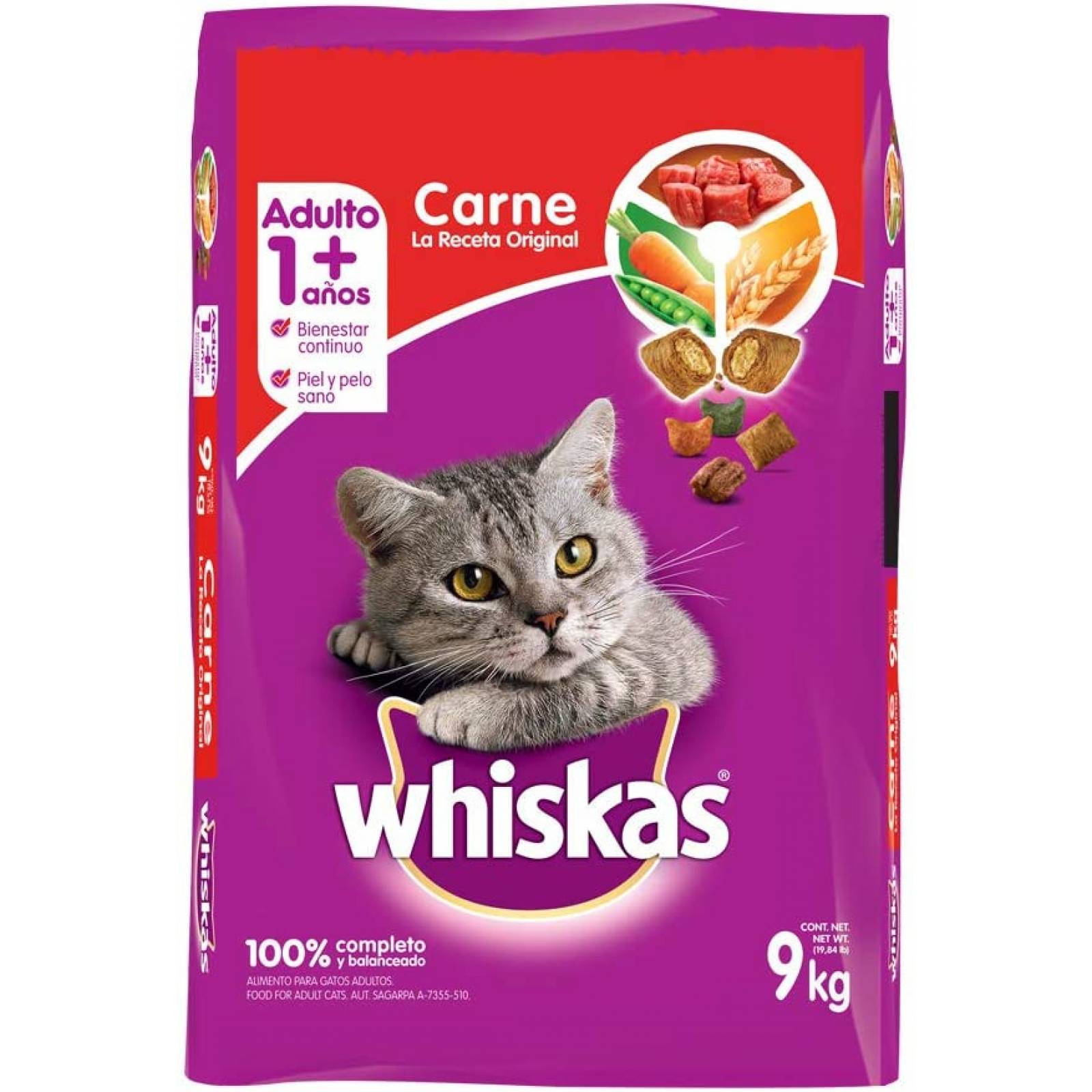 Whiskas alimento para Gatos Adultos. Sabor Carne (Receta Orginal) 9Kg, Violeta