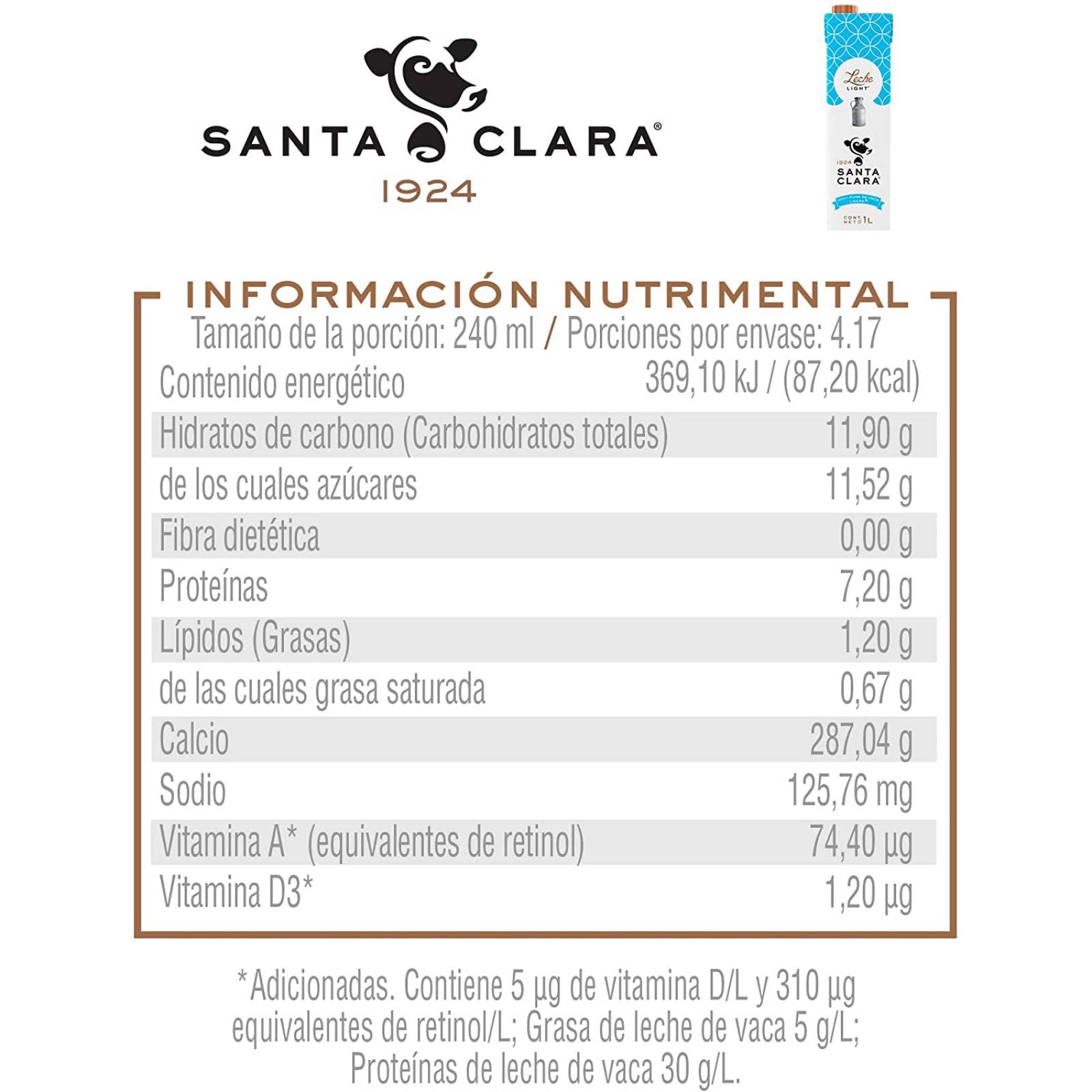 Santa Clara Leche Light 1 Litro, Paquete de 12