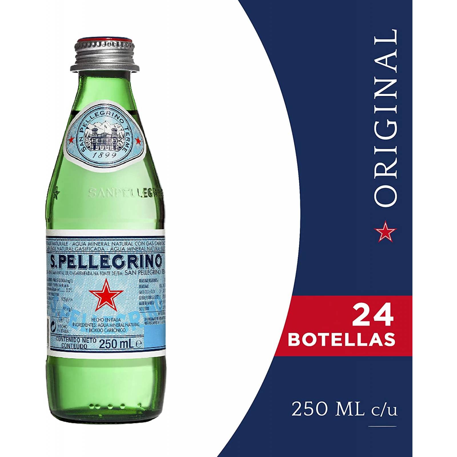 San Pellegrino, San Pellegrino Agua Mineral Natural, 250 mililitros, Paquete de 24, 6 litros
