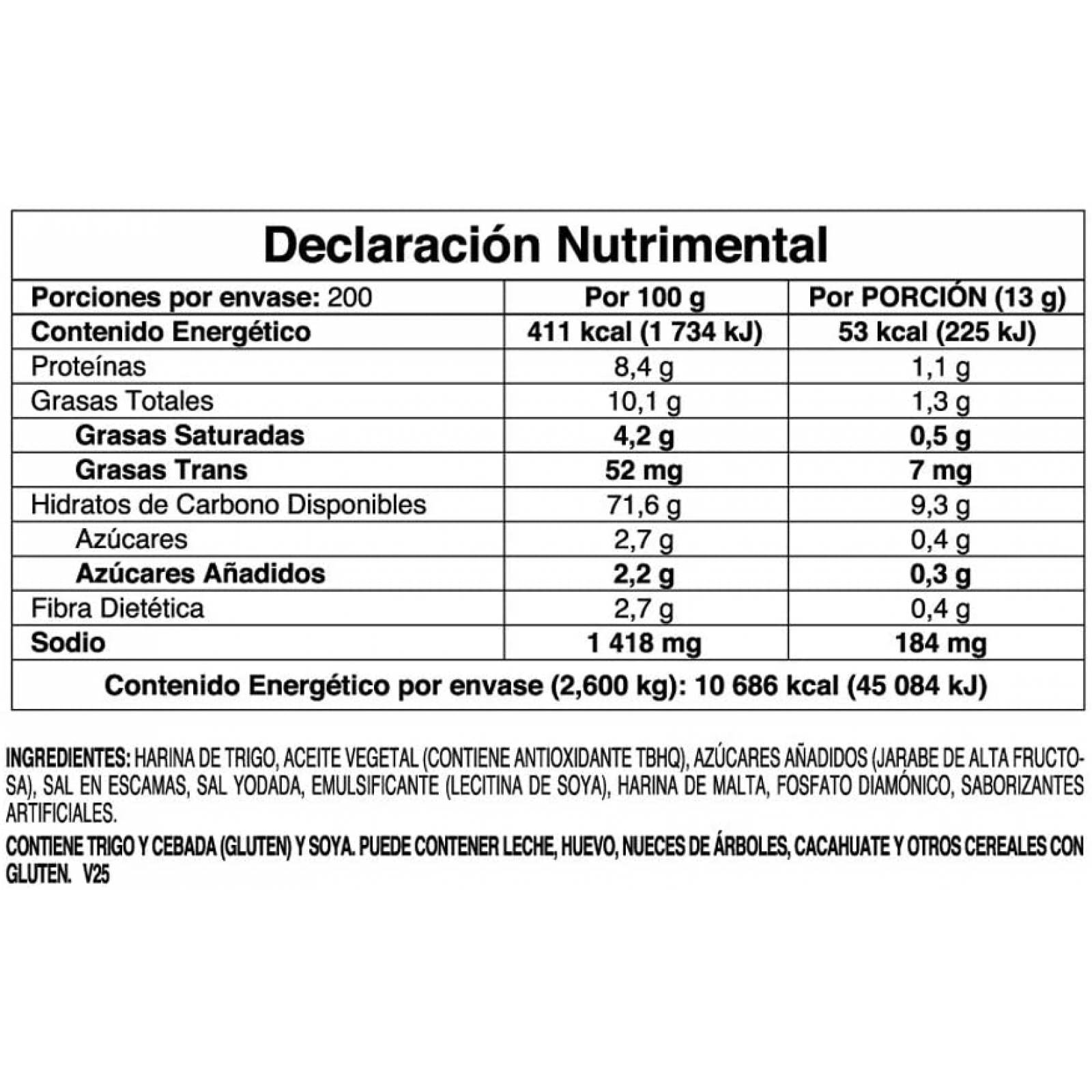 Saladitas, Galletas, Caja de 200 paquetes de 13 gramos. 2600 gramos