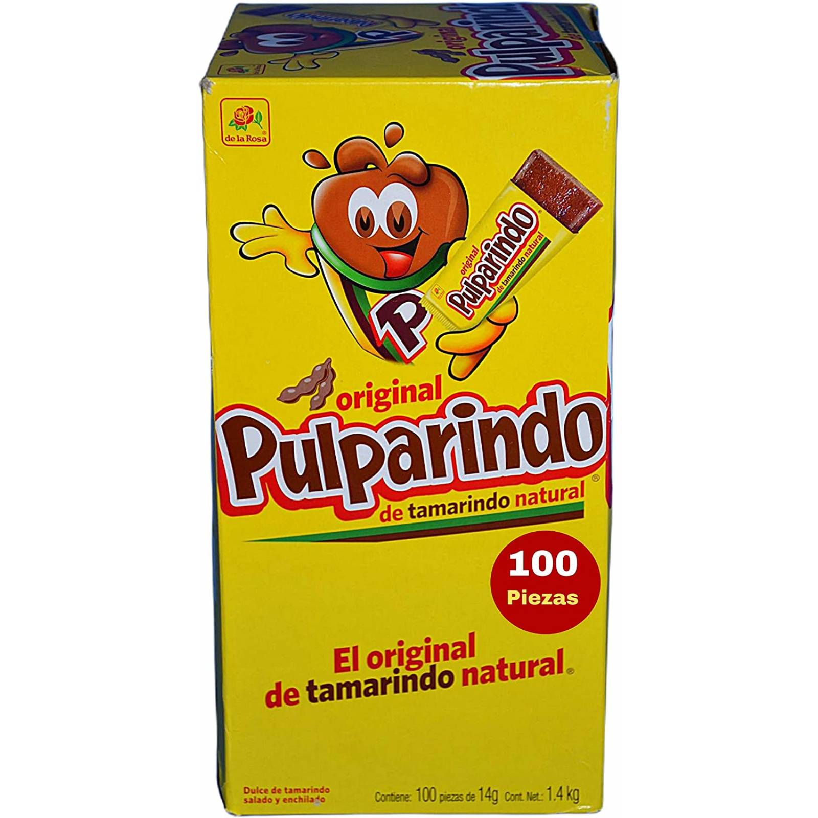Pulparindo De la Rosa, Caja 100 Piezas, tamarindo natural, Total 1.4 Kg