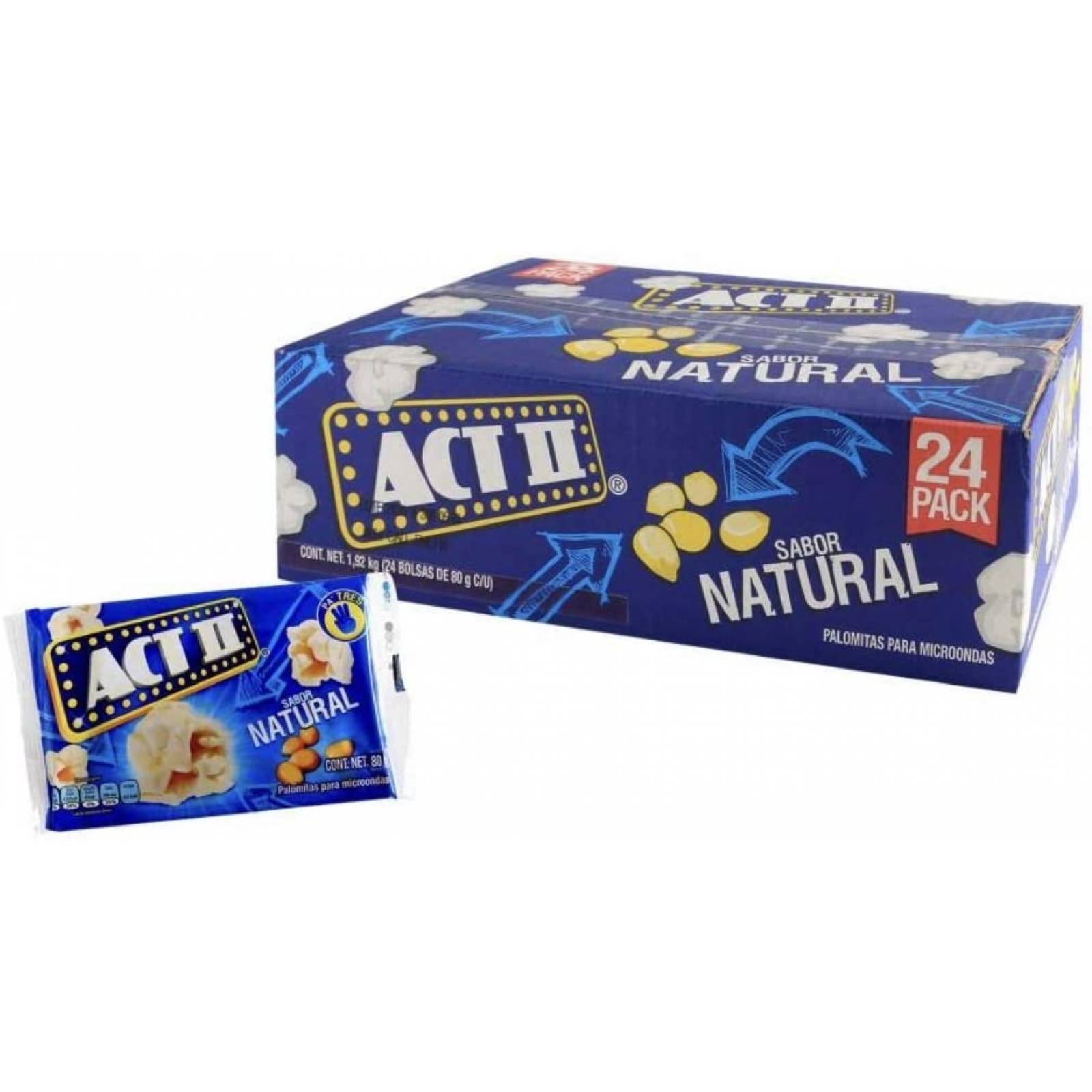 PALOMITAS DE MAIZ PARA MICROONDAS ACT II NATURAL CAJA DE 1.92 KILOGRAMOS CON 24 SOBRES DE 80 GRAMOS BOTANA