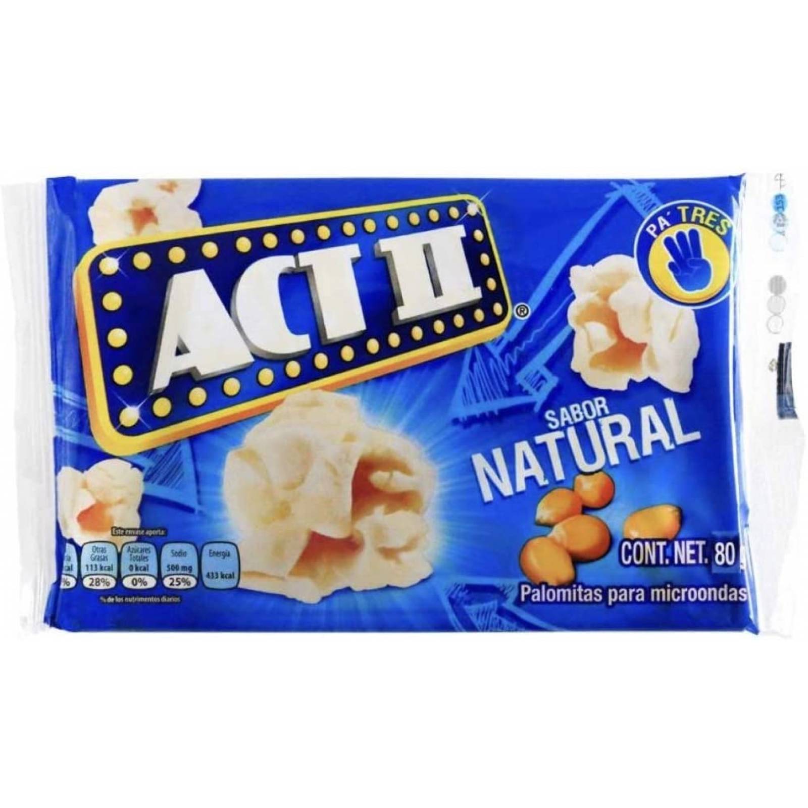PALOMITAS DE MAIZ PARA MICROONDAS ACT II NATURAL CAJA DE 1.92 KILOGRAMOS CON 24 SOBRES DE 80 GRAMOS BOTANA