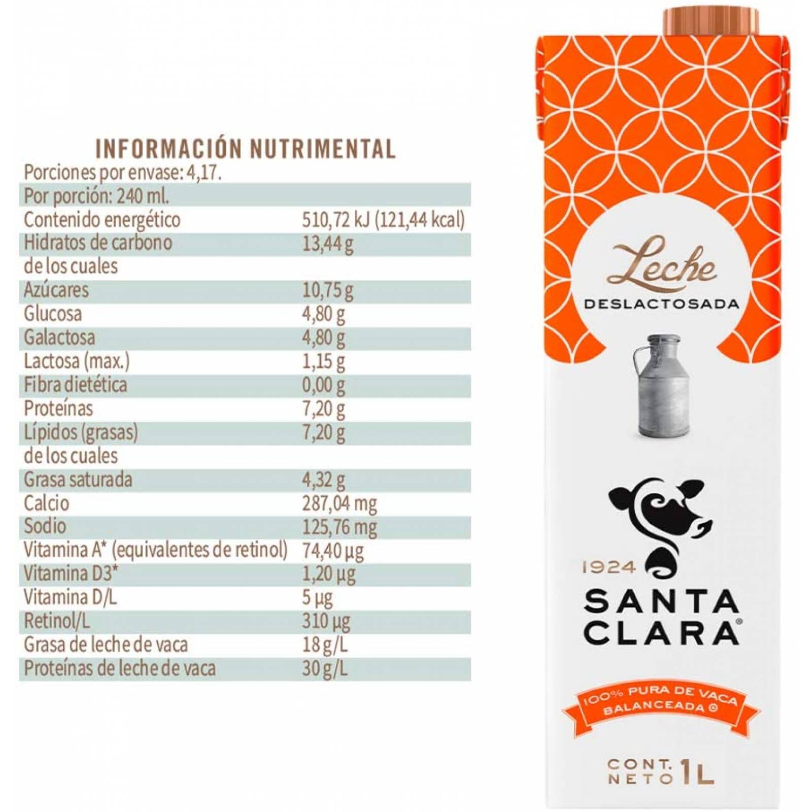 Leche Deslactosada, Leche Santa Clara, 12 pack - 1l/caja