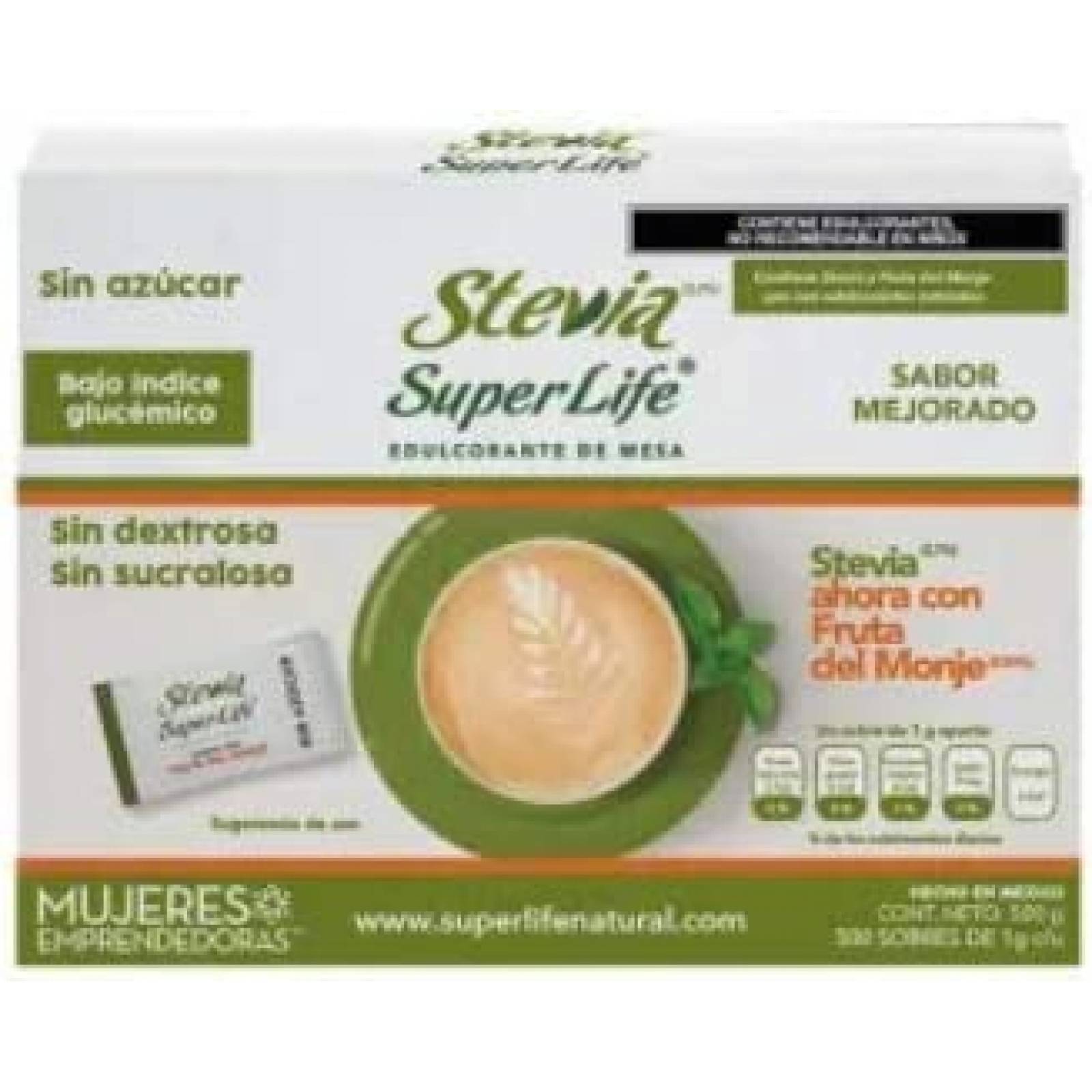 Endulzante Super Life Stevia sin calorías con fruta del monje 500 sobres de 1 g c/u