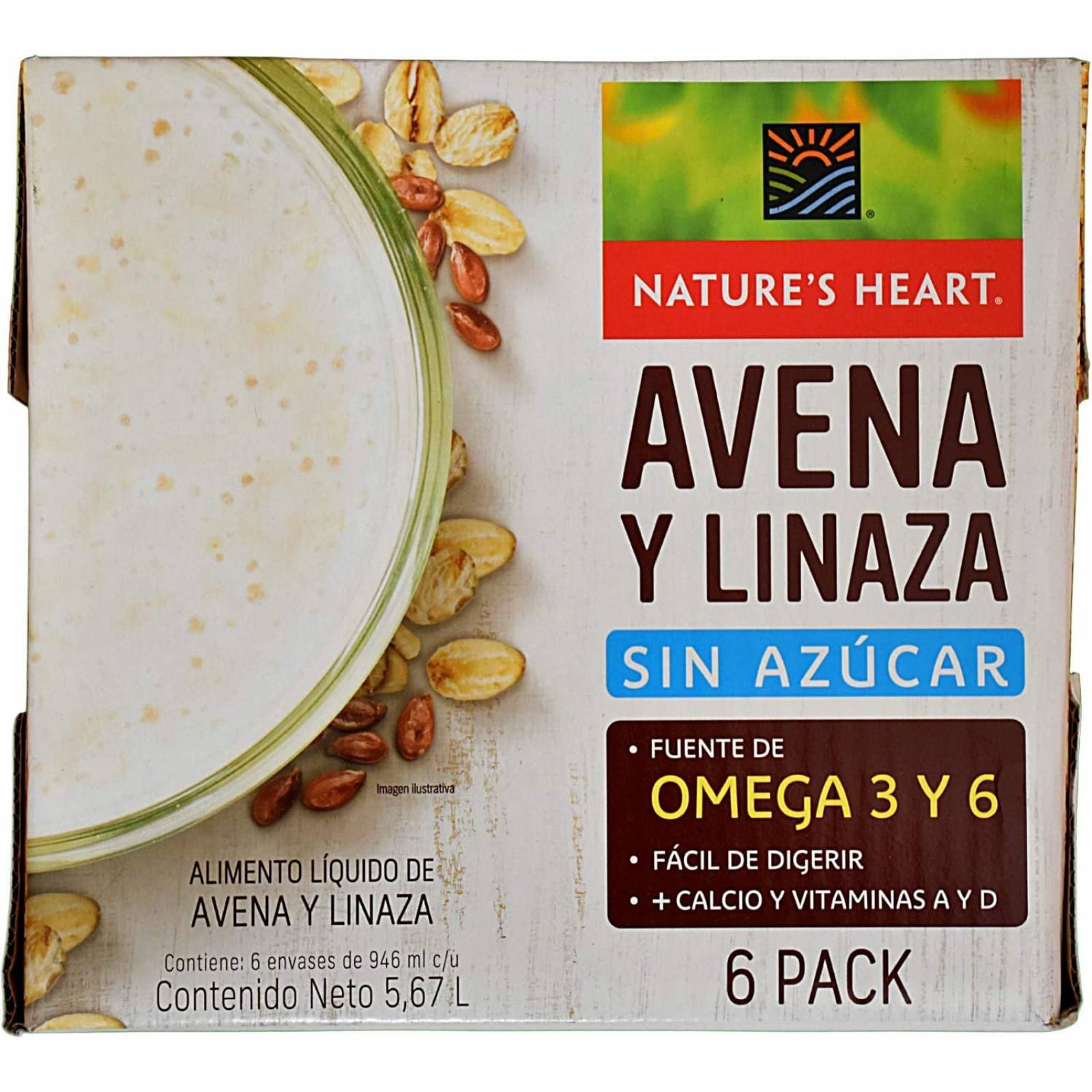 Natures Heart Bebida sabor avena y linaza 6 Pack de 946 ml (5.67 litros). Sin Azúcar, Vegano