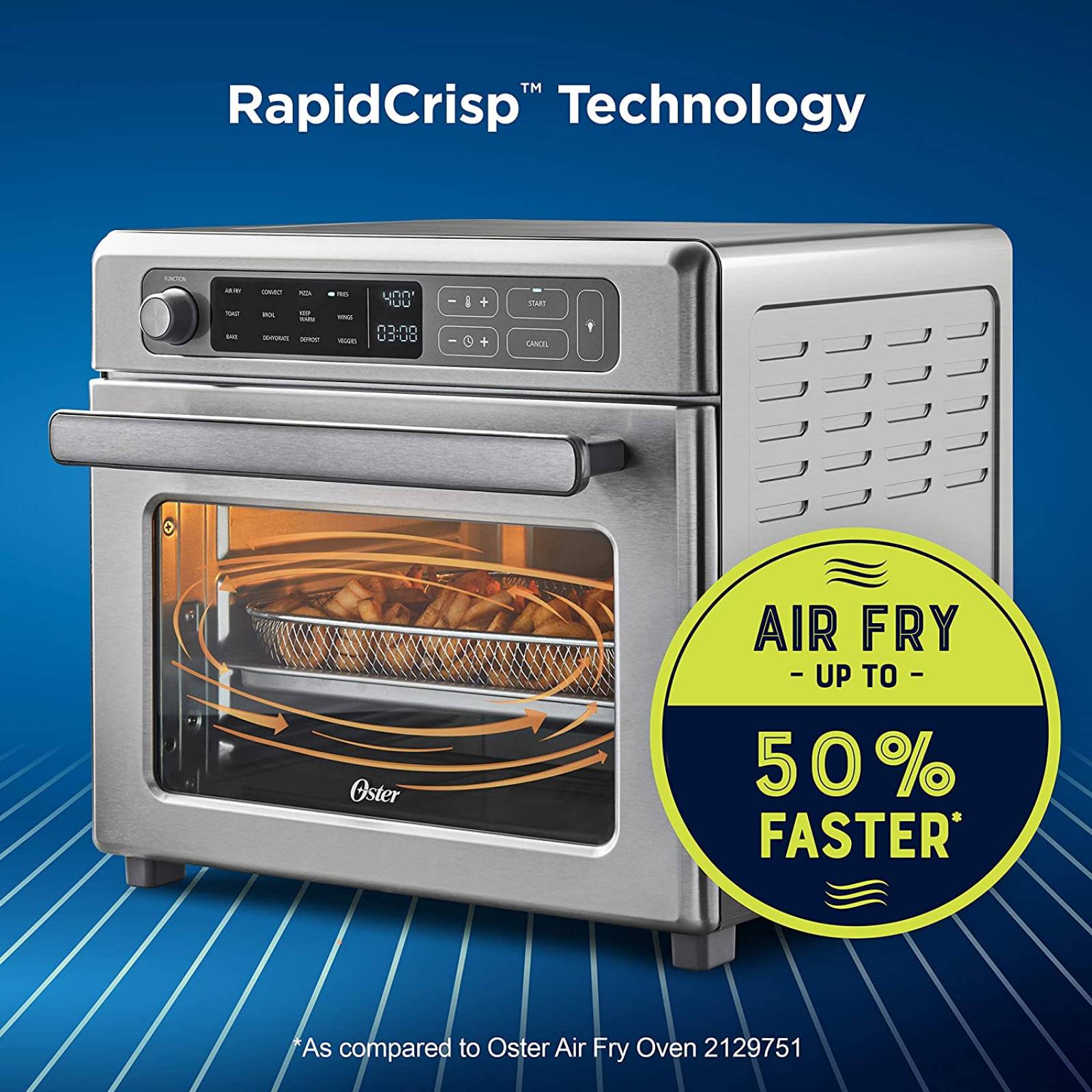 Oster Horno de freidora de aire digital 22 litros con RapidCrisp, de acero inoxidable, 12 funciones