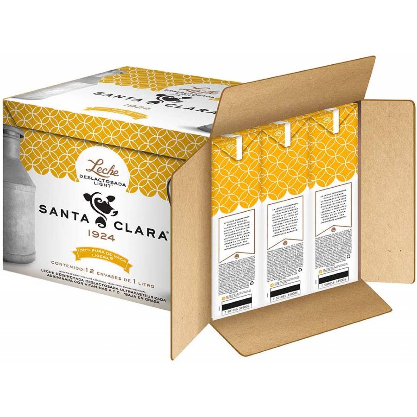 Leche Deslactosada Light , Leche Santa Clara 1 litro, Pack de 12