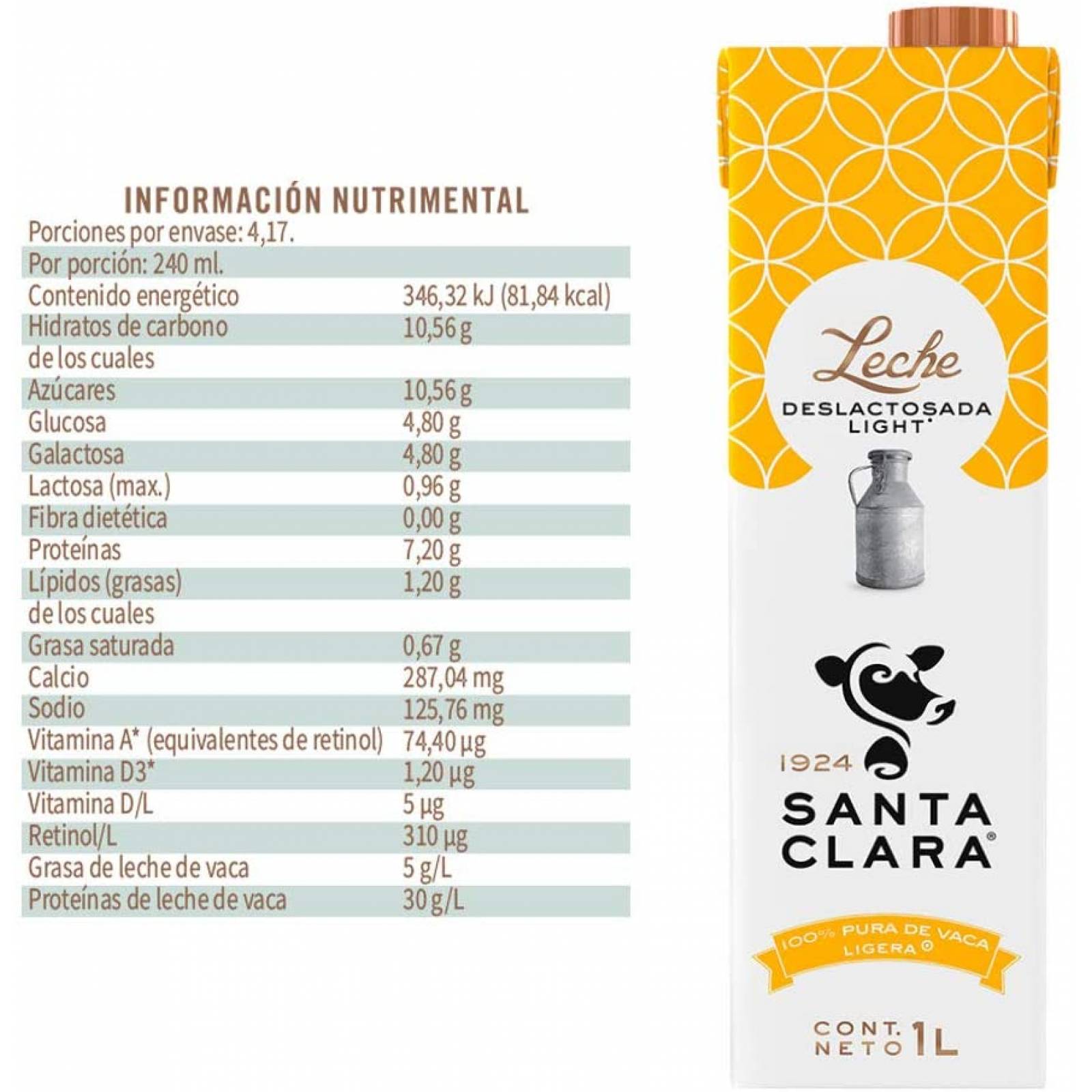 Leche Deslactosada Light , Leche Santa Clara 1 litro, Pack de 12