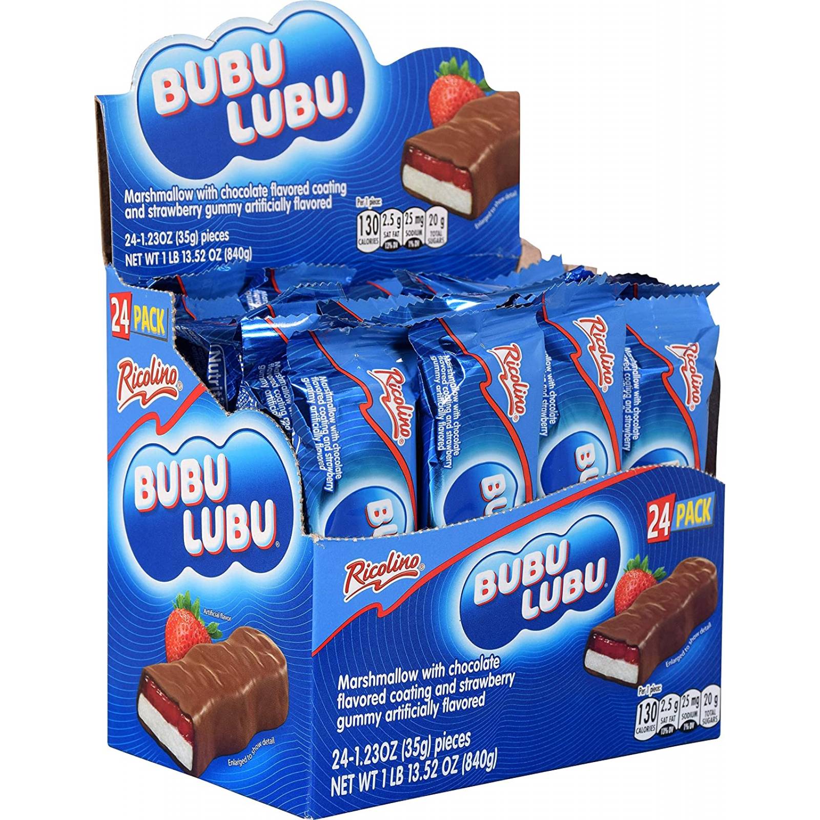 CHOCOLATES BUBULUBU RICOLINO Delicioso Malvavisco con jalea de Fresa y cubierta de Chocolate 24 piezas