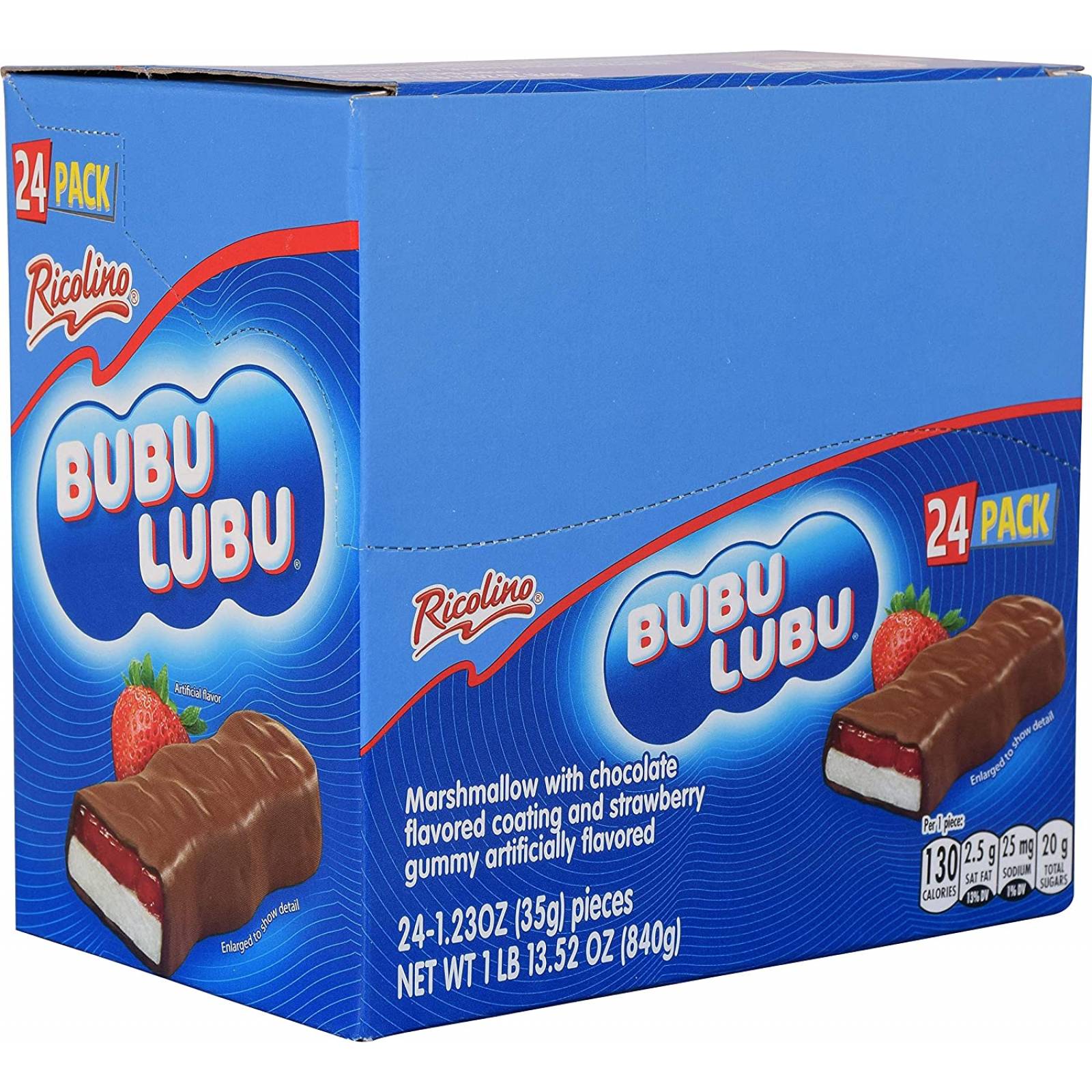 CHOCOLATES BUBULUBU RICOLINO Delicioso Malvavisco con jalea de Fresa y cubierta de Chocolate 24 piezas