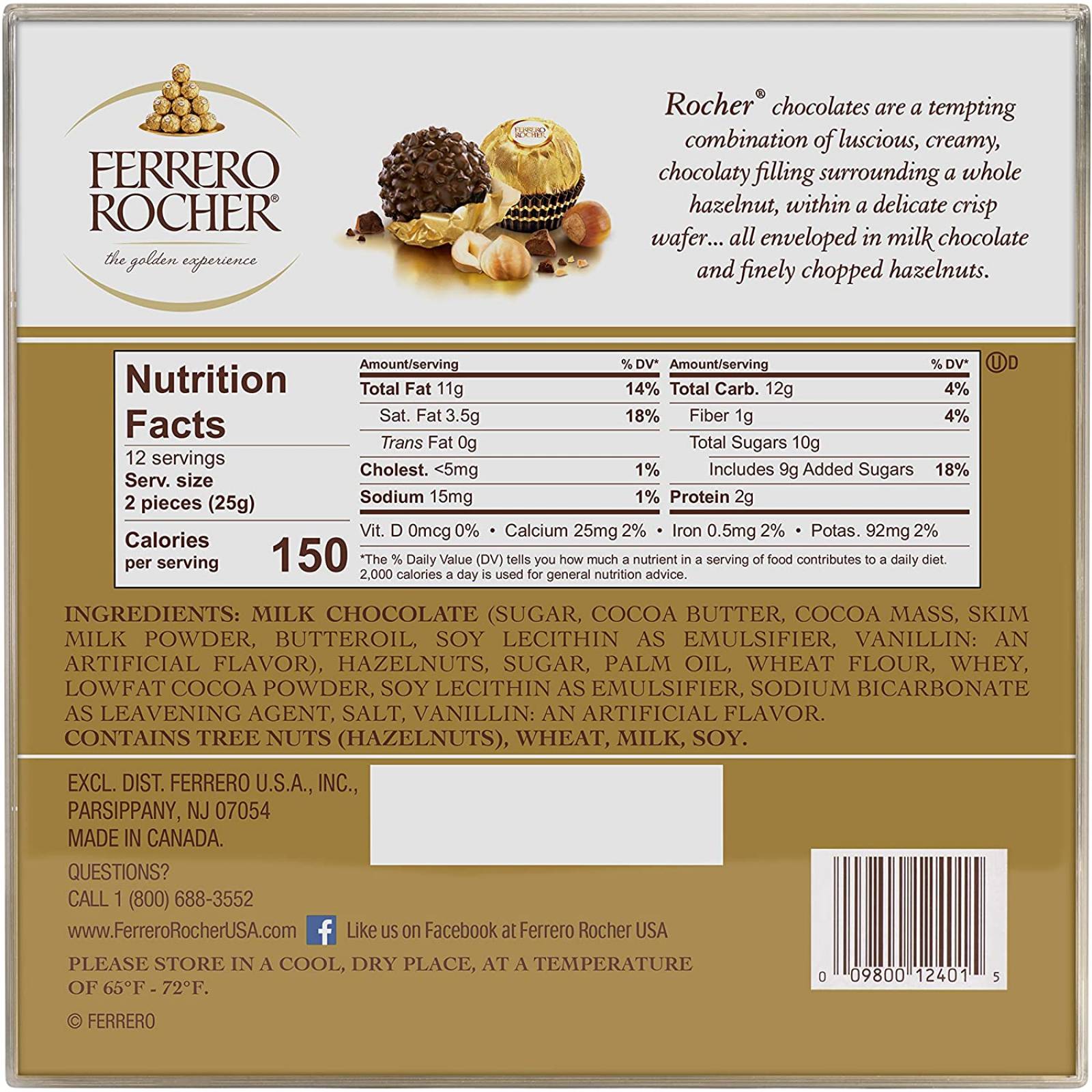 Ferrero Rocher chocolate con leche de avellana fina, 24 unidades, caja de regalo de chocolate y dulces