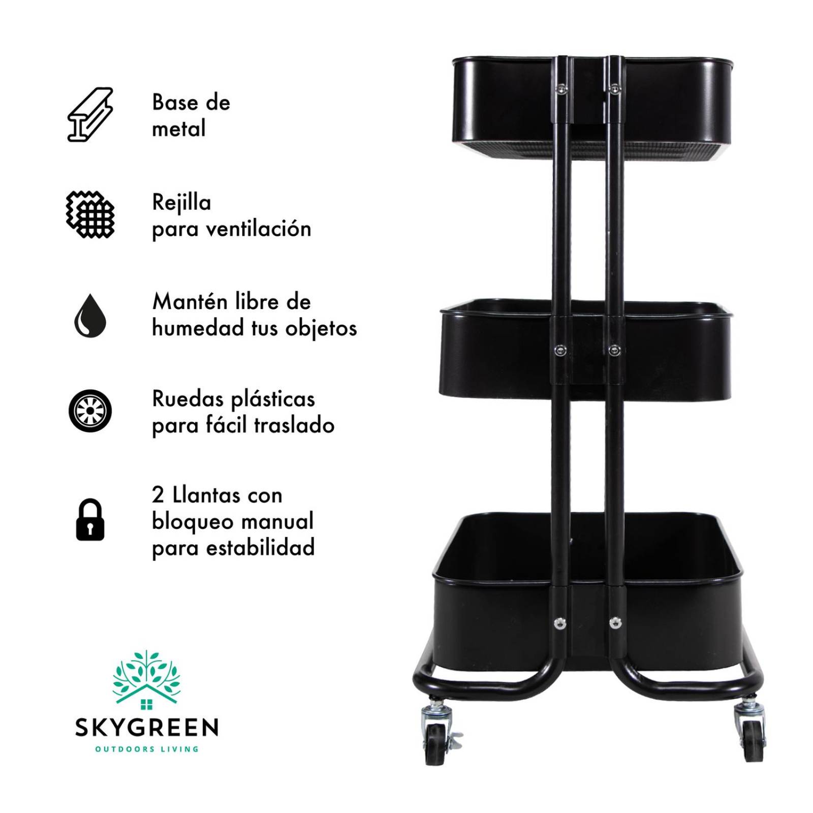Carrito Organizador Carro Auxiliar Con Ruedas Estanteria BSCNCA000001 Negro