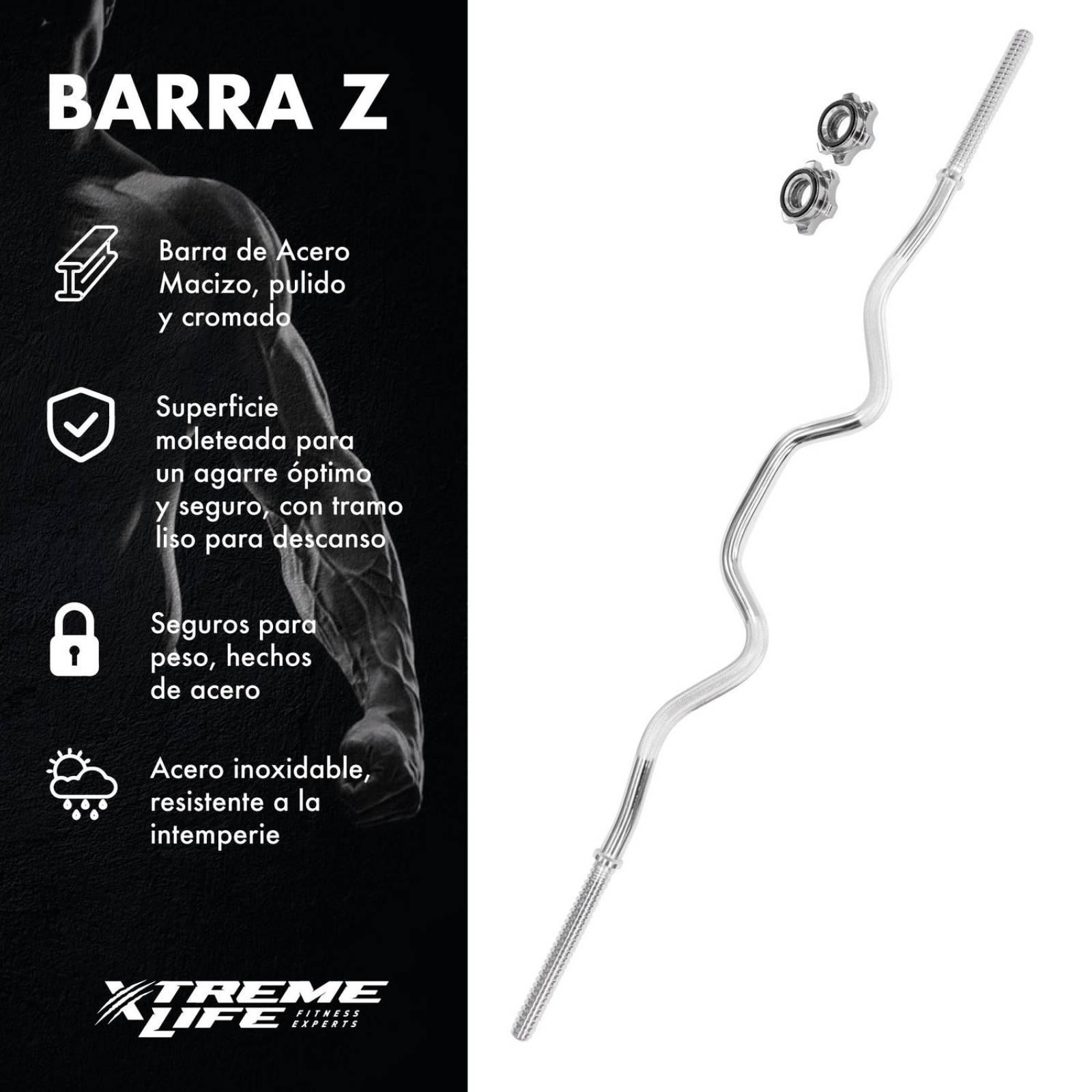 Barra Z Cromada Estandar Pesas 1.20 Mts Rosca Semi Olimpica