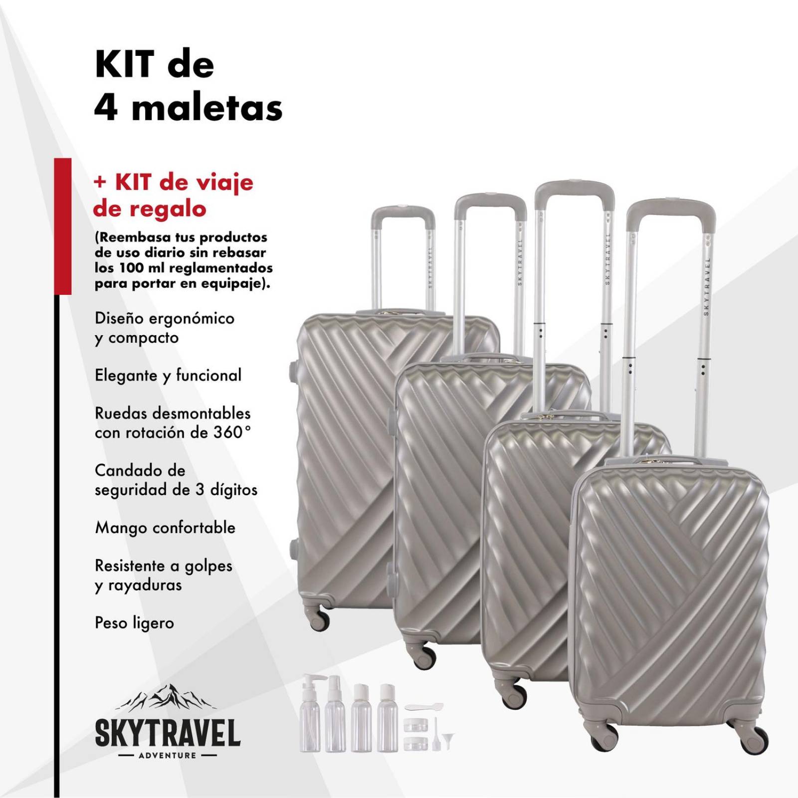 Set De 4 Maletas Rigidas Resistente Juego De Viaje 4 ruedas Plateado