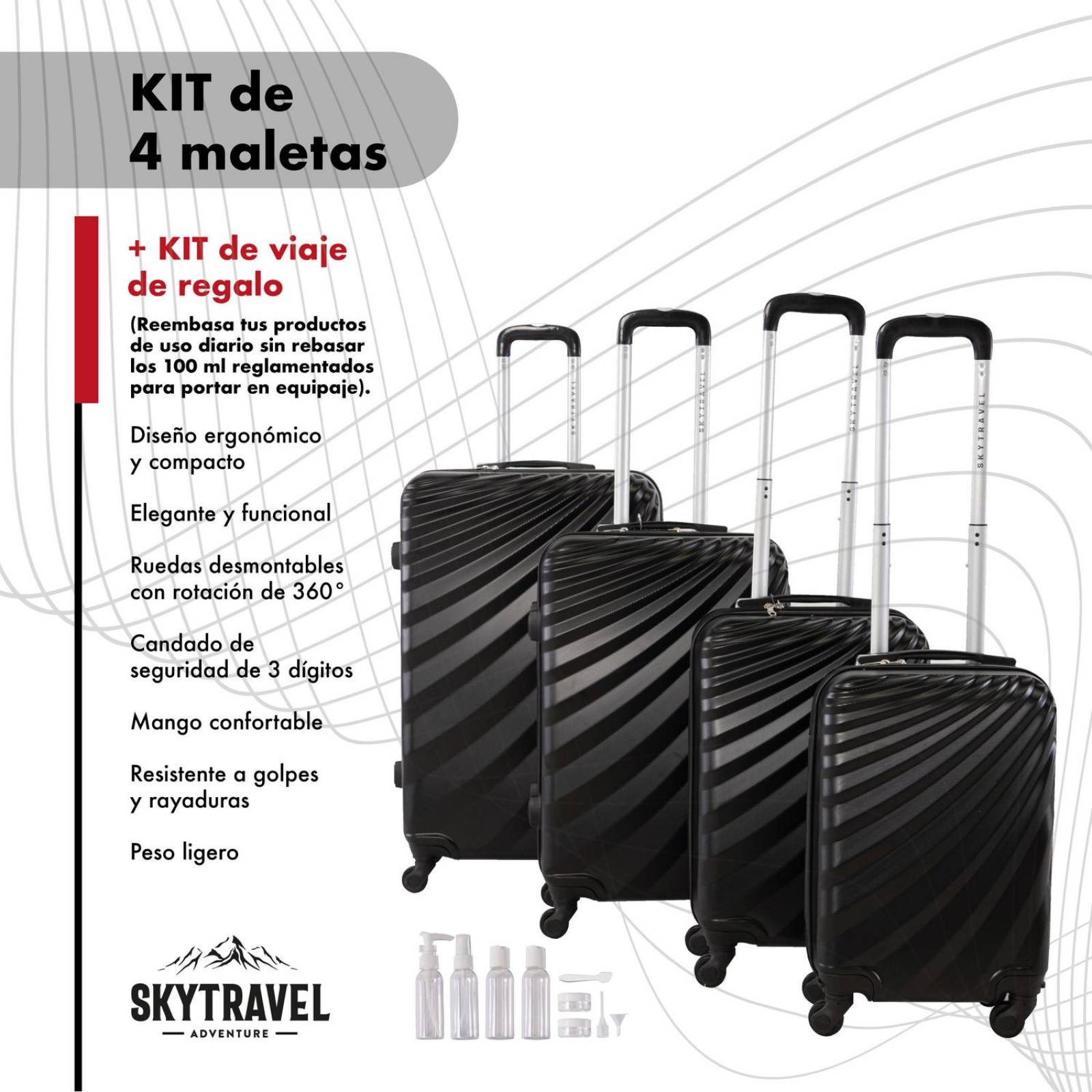 Set De 4 Maletas Para Viaje con Ruedas Rigidas Alta Calidad Negro UNITALLA