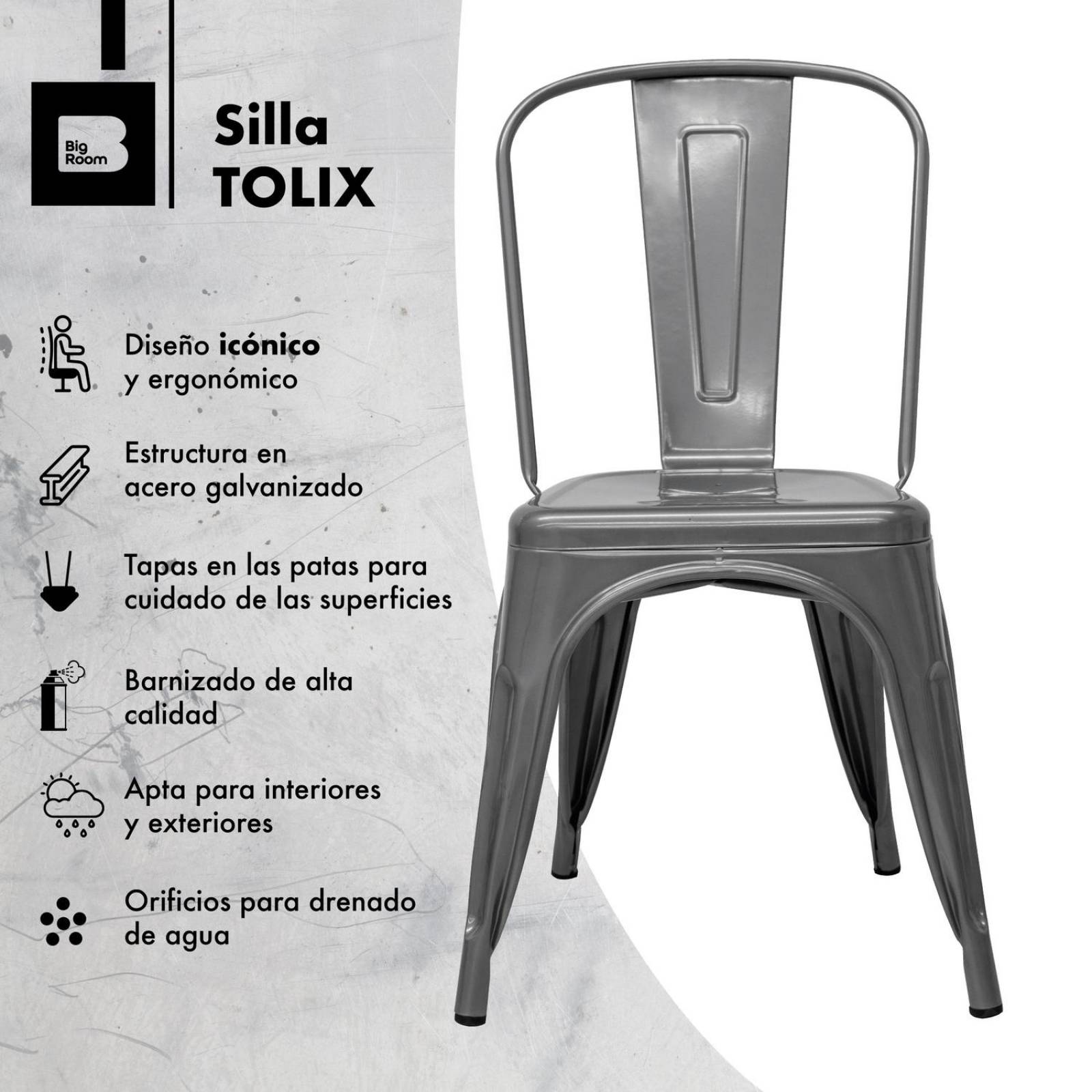 Set de 4 Silla Tolix Metalicas Exterior Restaurante Comedor Plateado XG