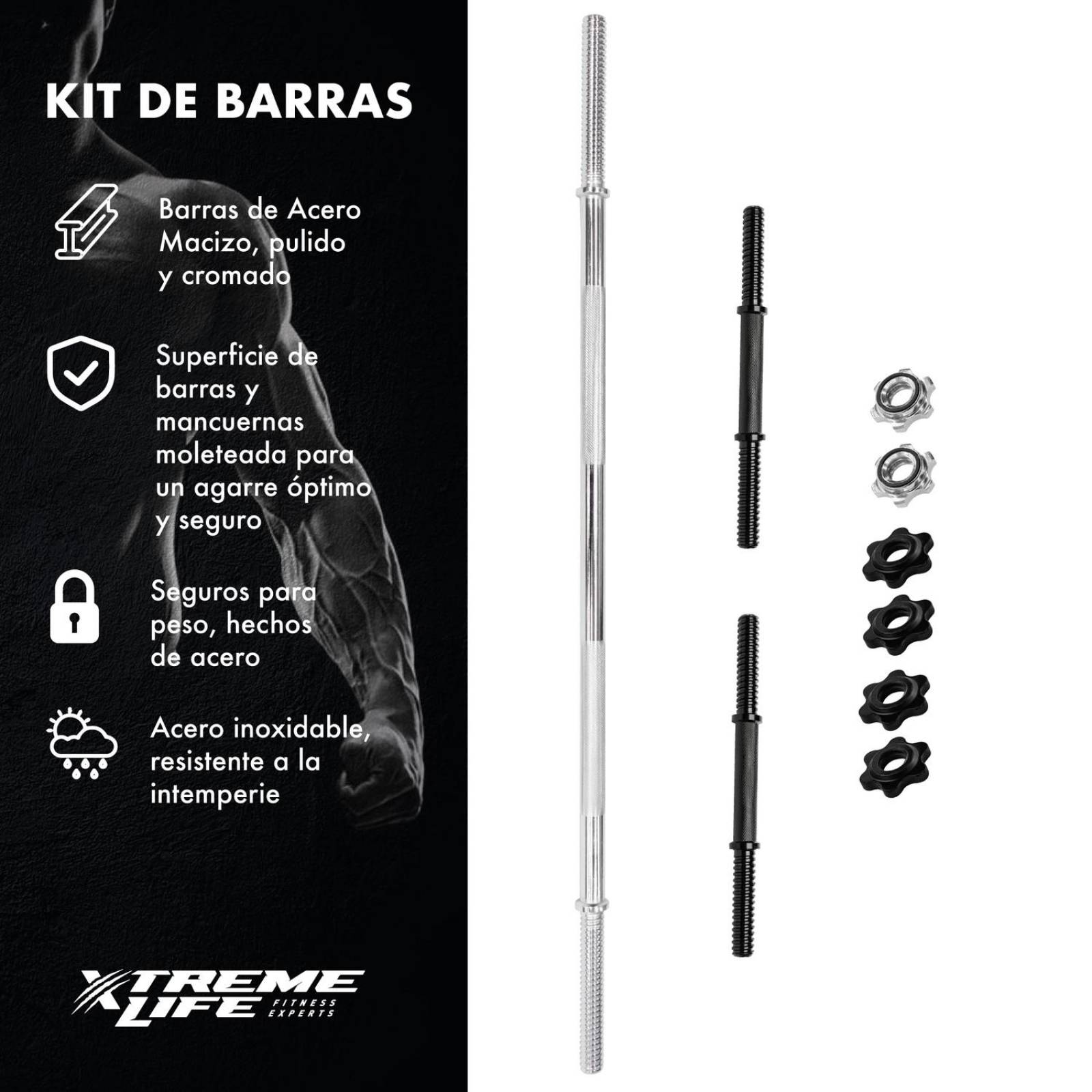 Set de Mancuernas y Barra plana 1 pulgada Pesas Macizas 