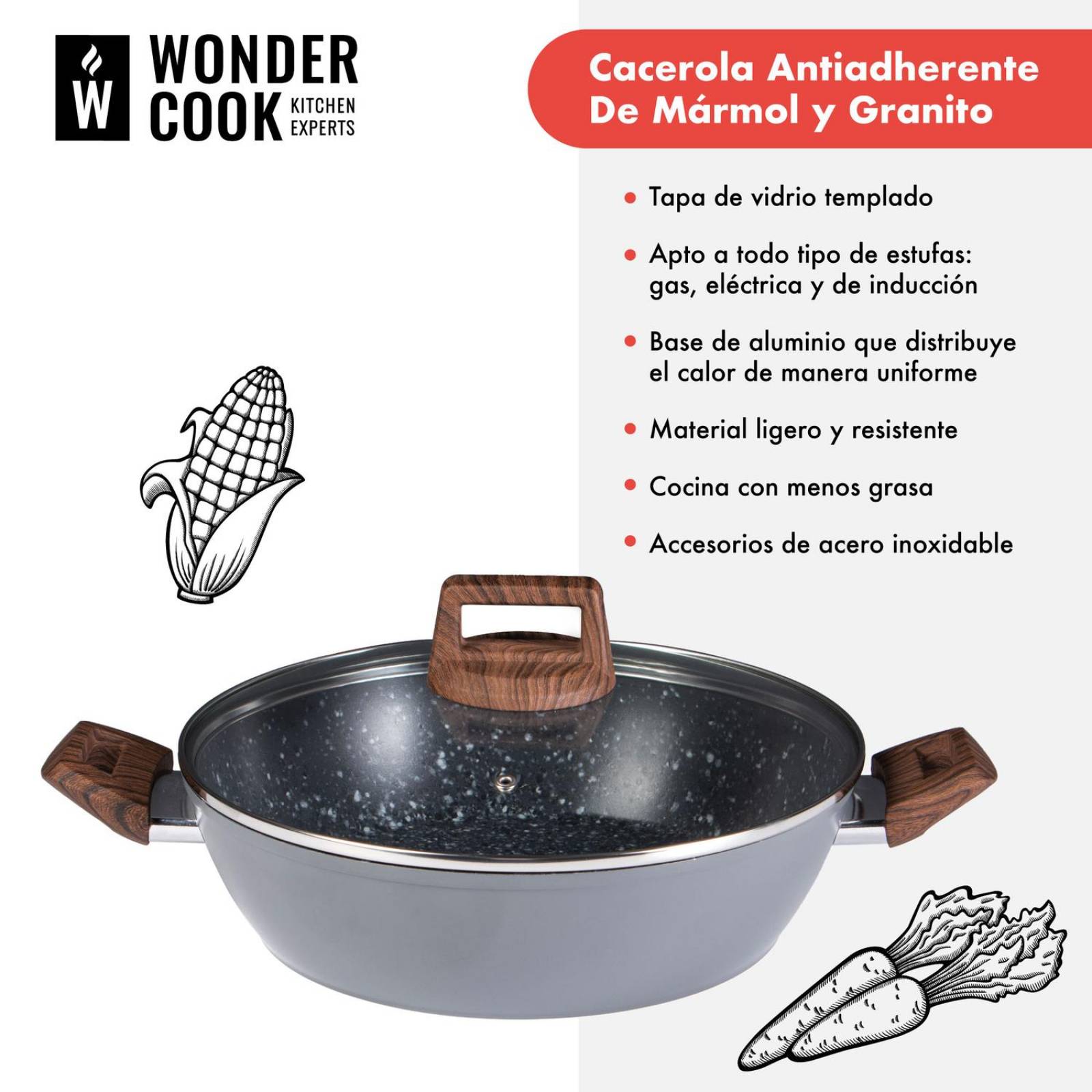 Cacerola Arrocera C/Tapa Antiadherente 28cm Marmol y Granito 