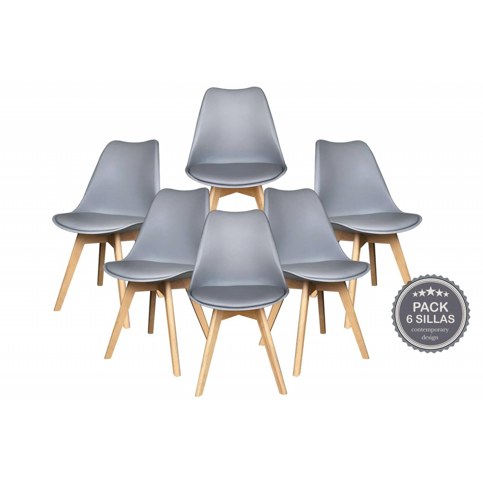 Set 6 Sillas Eames Acolchadas Silla Comedor Patas de Madera Gris G