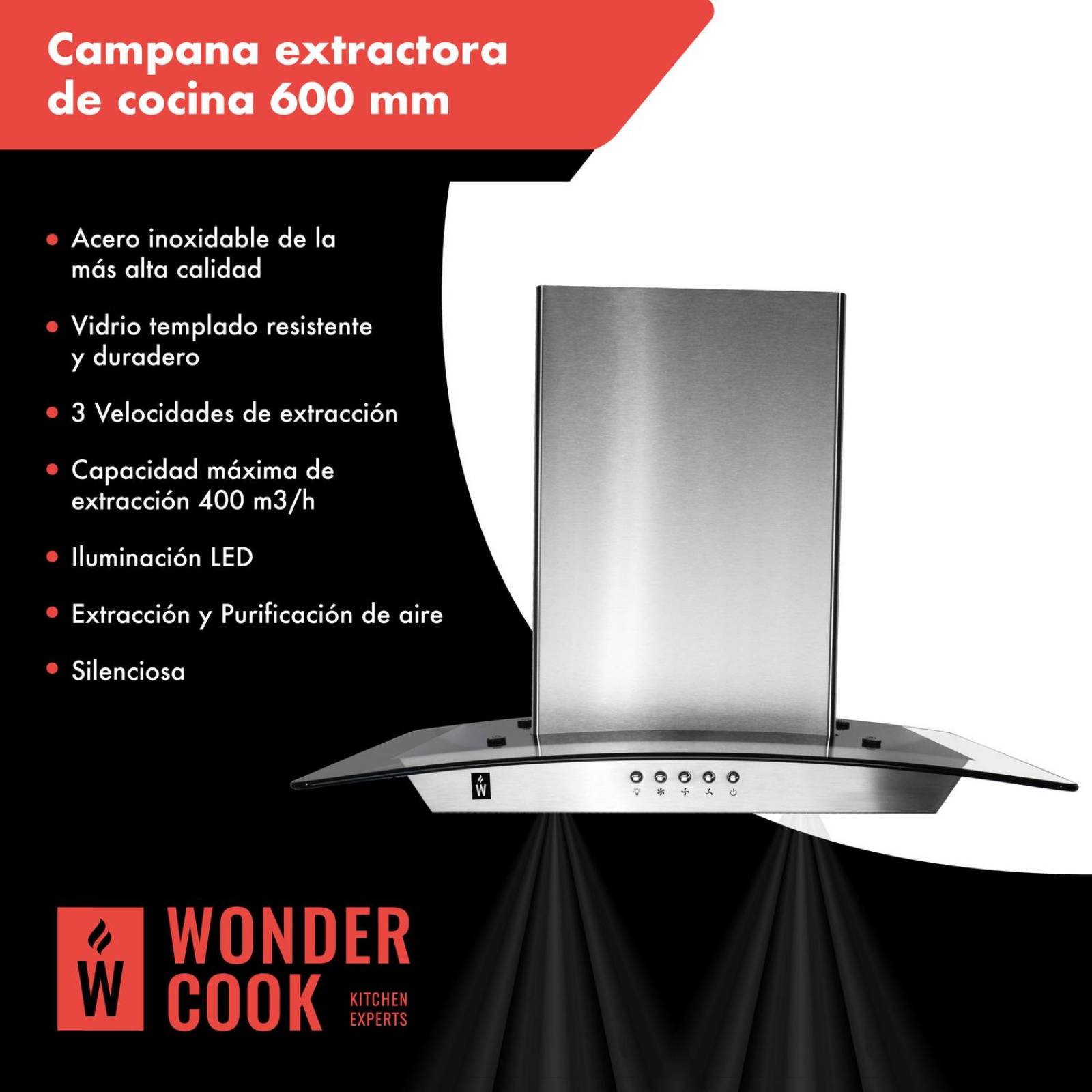 Campana Extractora 600mm Cocina Cristal Templado Acero Inox