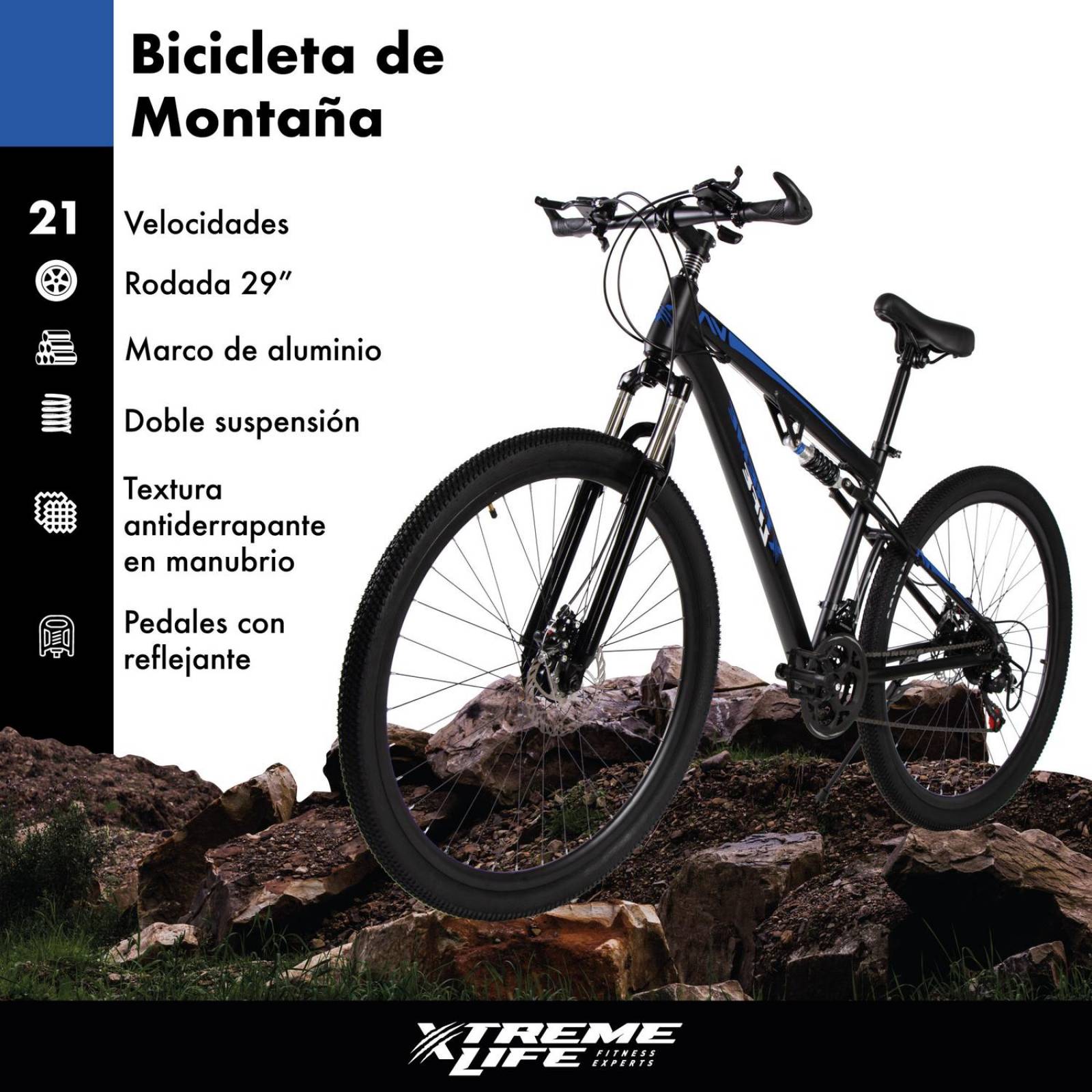 Bicicleta Montaña R29 21V Aluminio Shimano Doble Suspensión Azul G