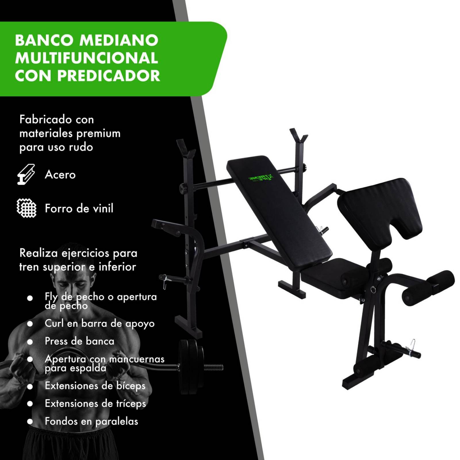 Banco Multiposiciones 5 en 1 + Predicador Biceps Negro G