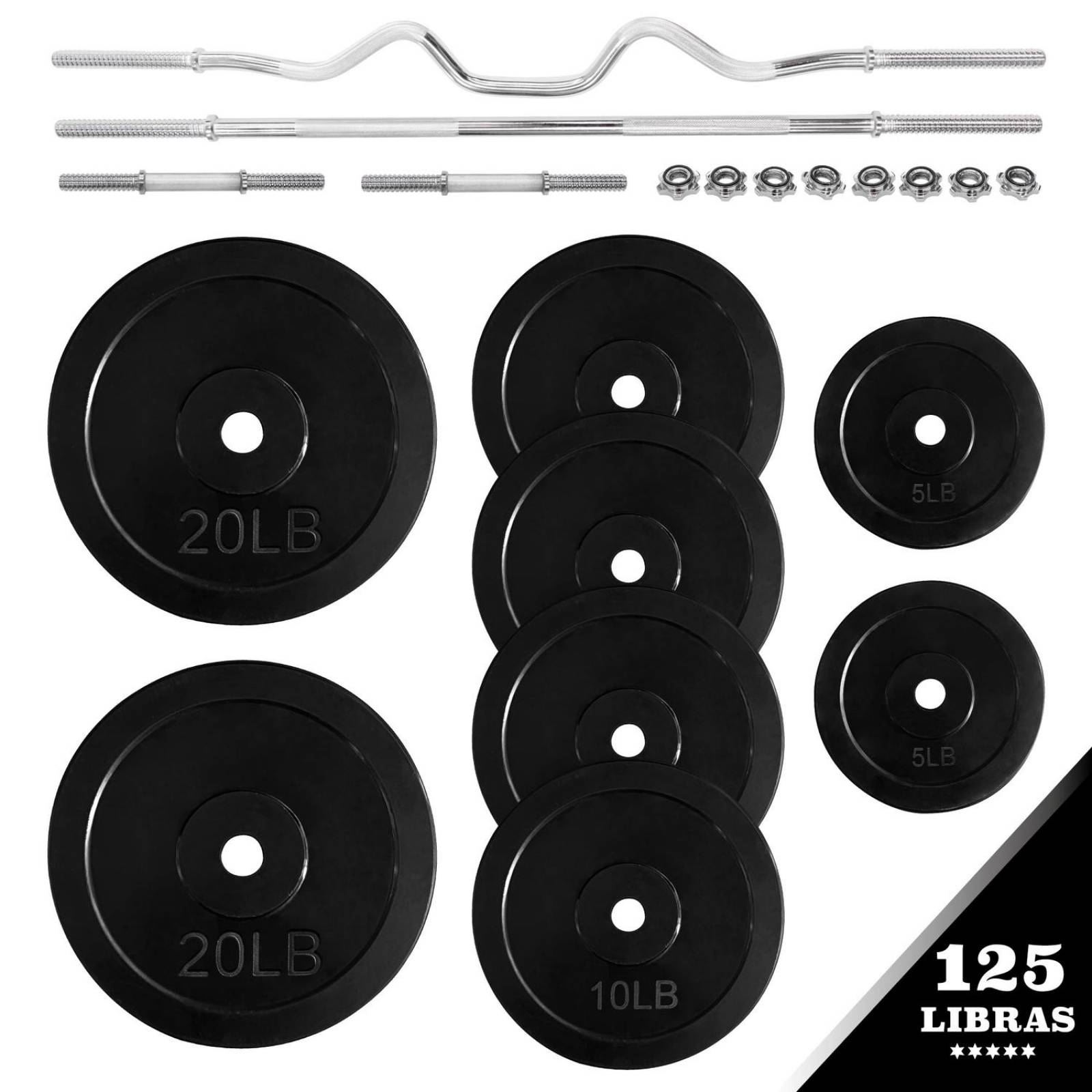 Kit De Pesas Barra Recta Barra Z Mancuernas y Discos 120 LBS Negro