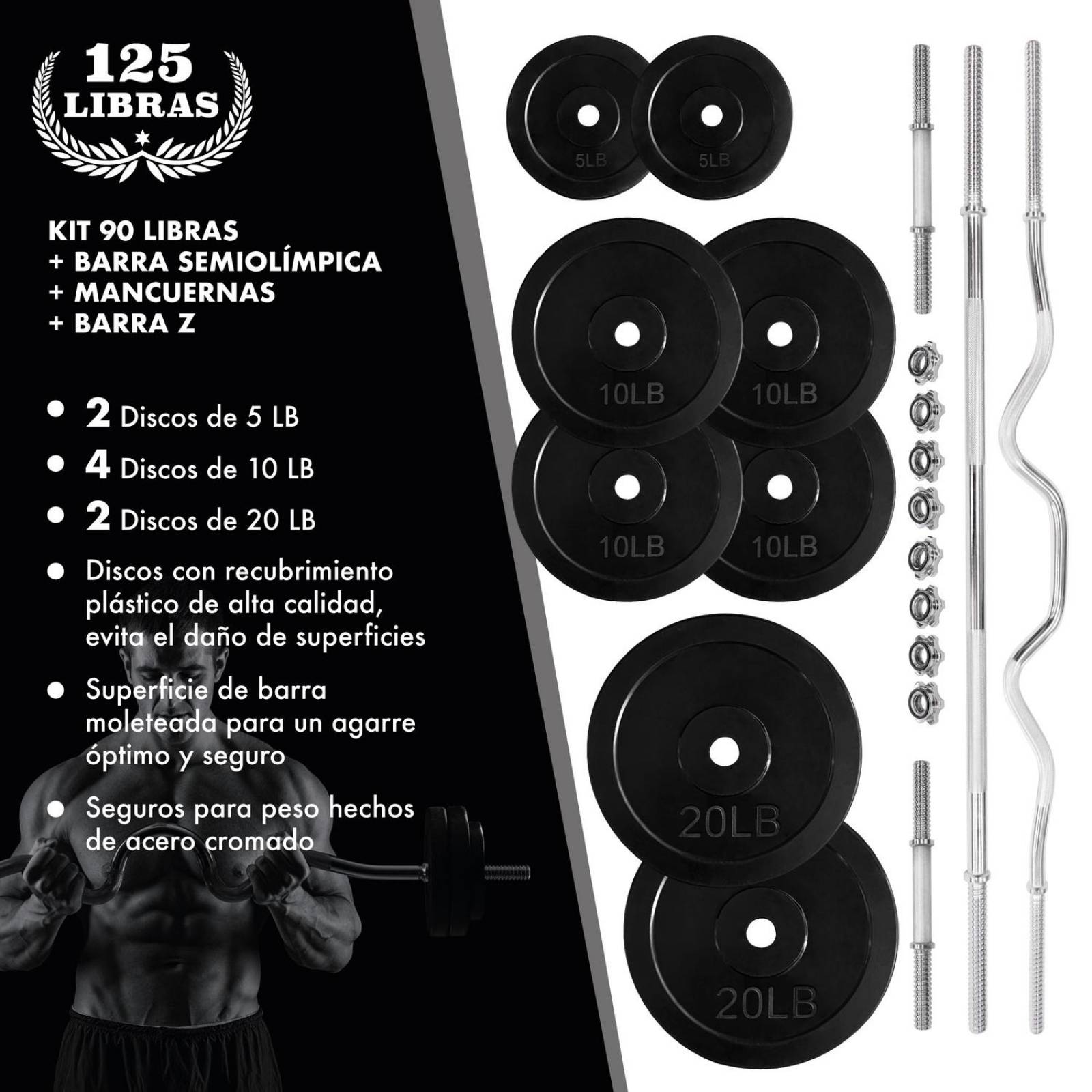 Kit De Pesas Barra Recta Barra Z Mancuernas y Discos 120 LBS Negro