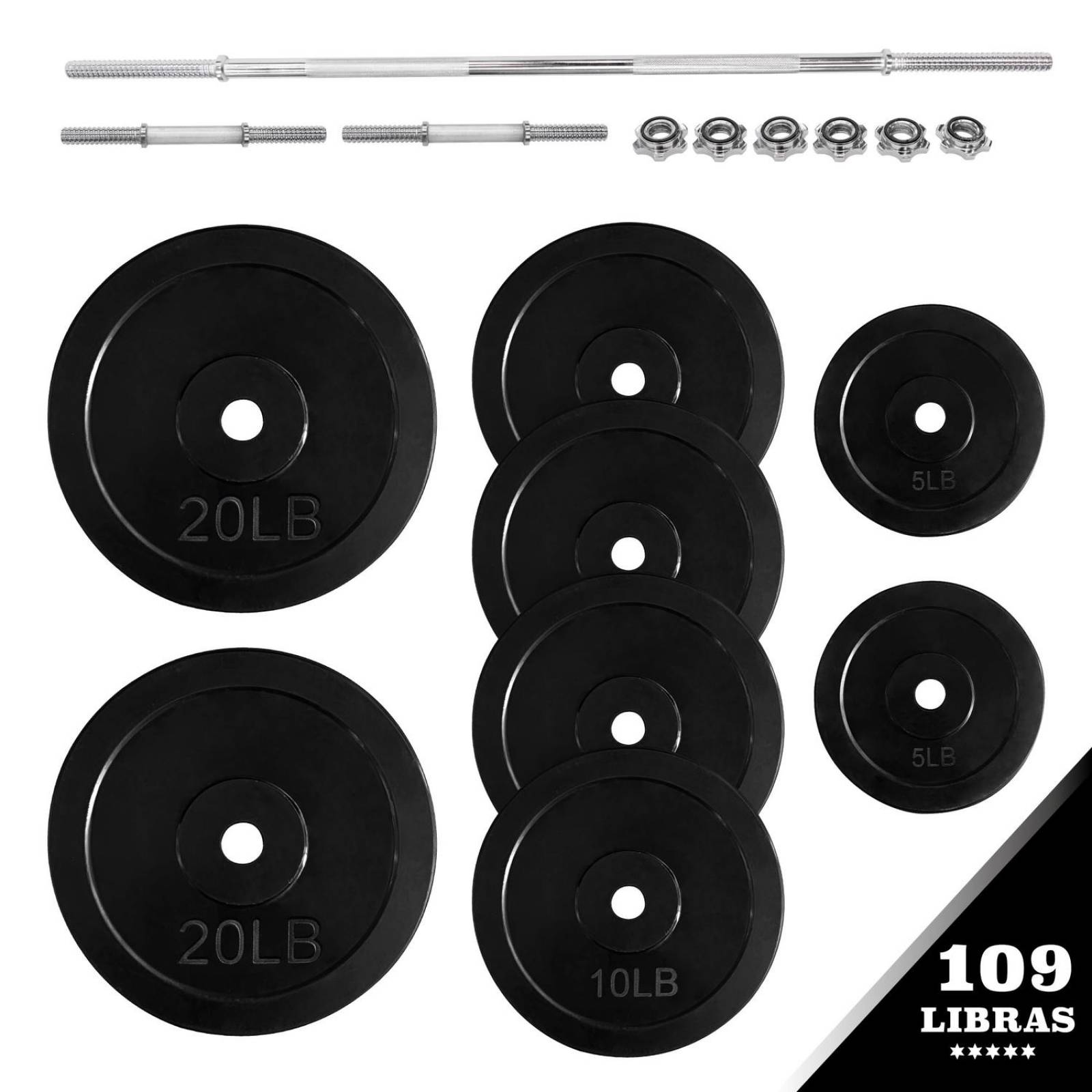 Kit De Pesas Barra Recta Mancuernas y Discos 110 LBS GYM Negro