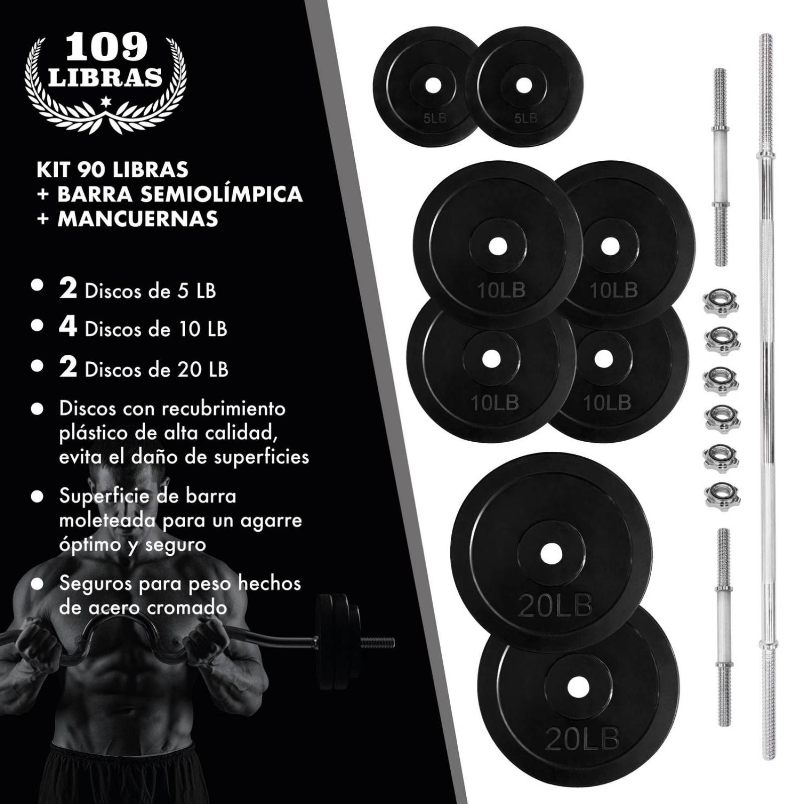 Kit De Pesas Barra Recta Mancuernas y Discos 110 LBS GYM Negro