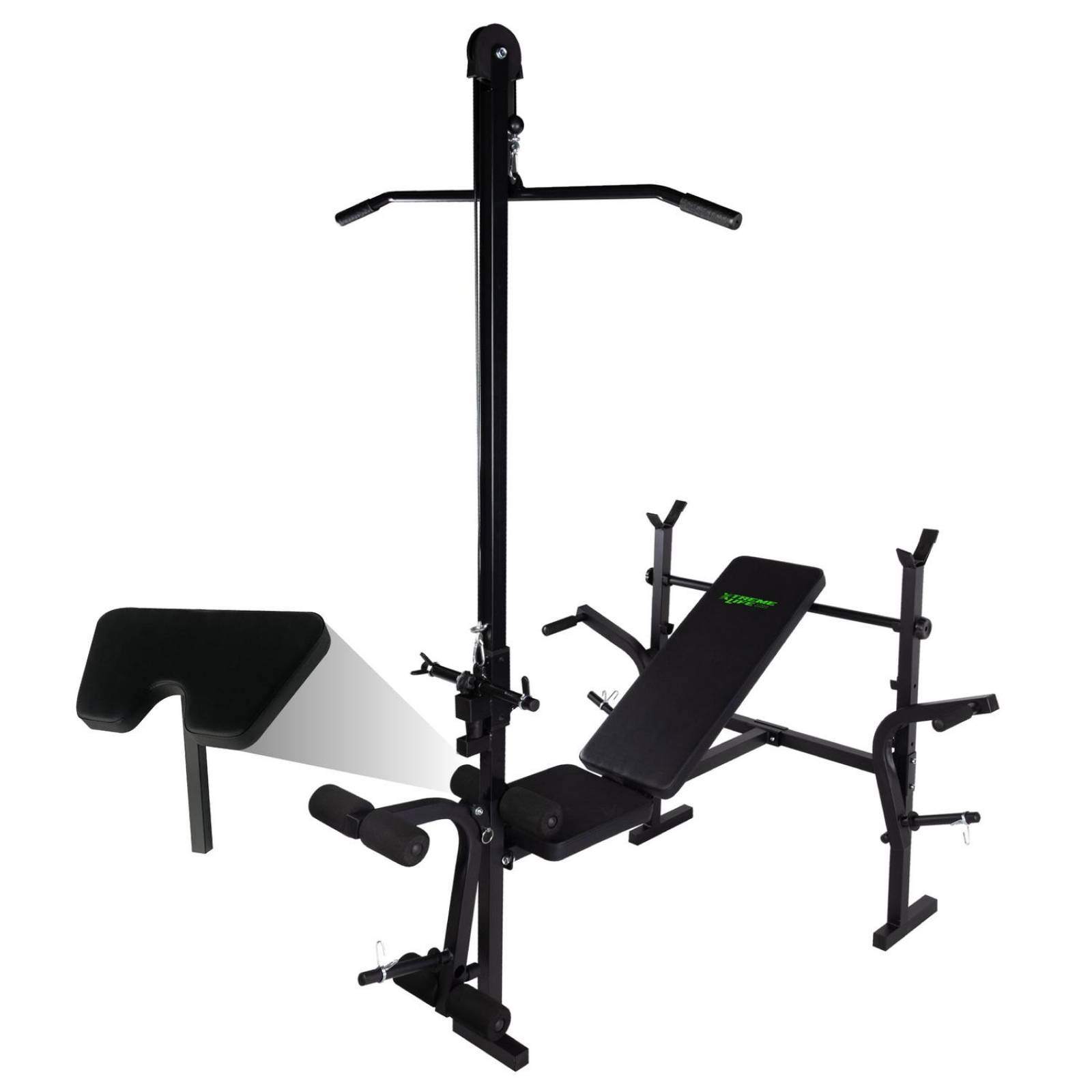 Banco multiposiciones + Polea espalda + Predicador biceps Negro G