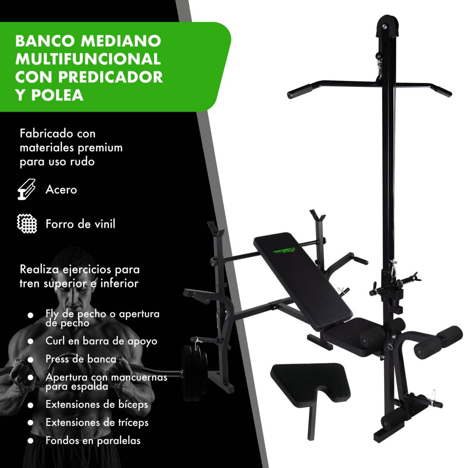 Banco multiposiciones + Polea espalda + Predicador biceps Negro G