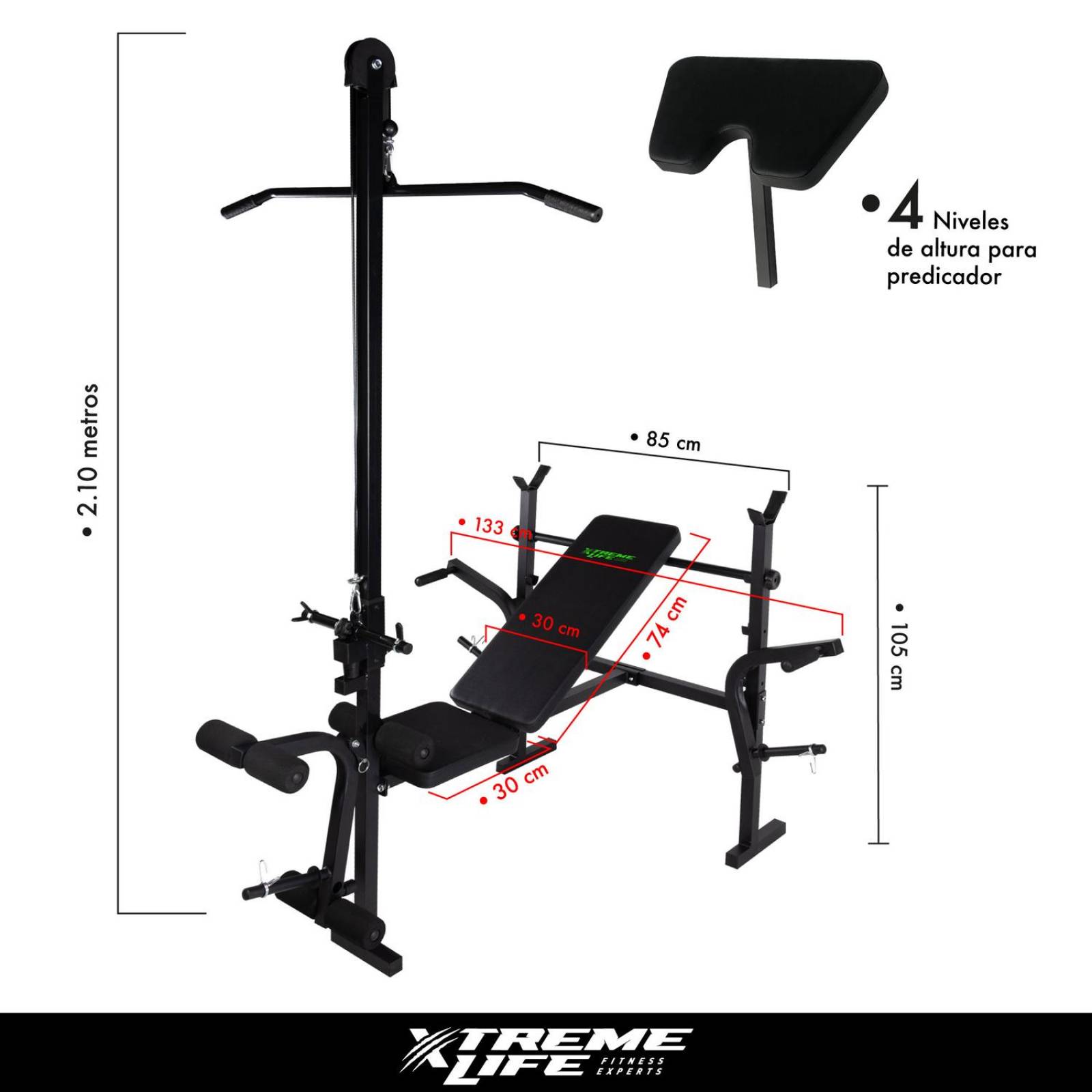 Banco multiposiciones + Polea espalda + Predicador biceps Negro G