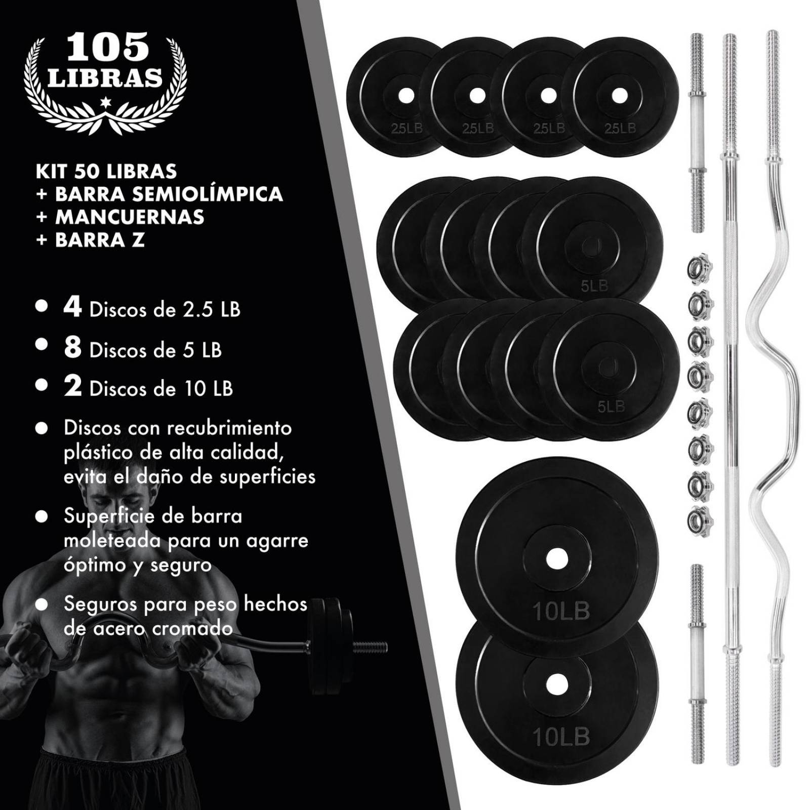Set Pesas Barra Recta Barra Z Par Mancuernas 100 Lbs Discos Negro CH