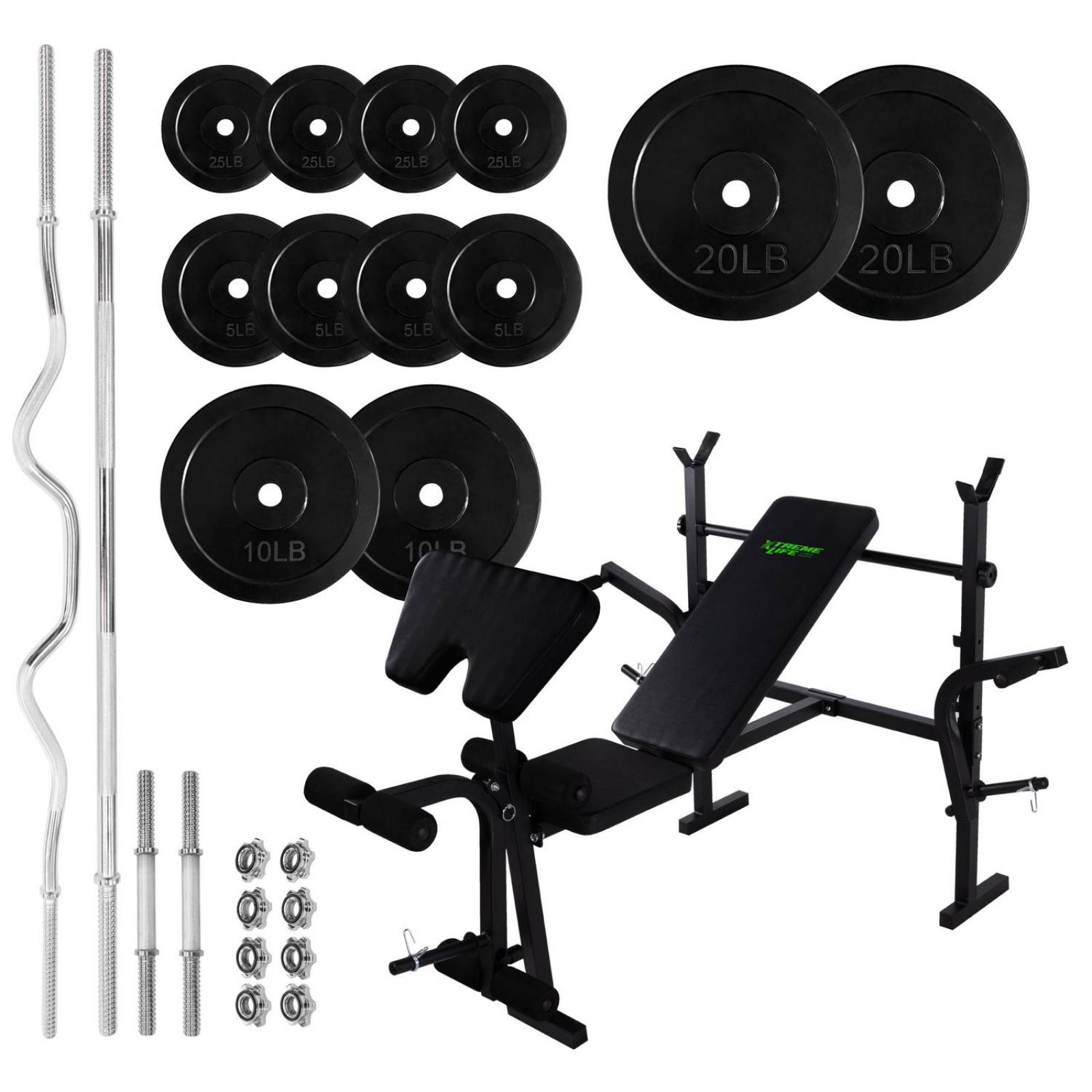 Banco + Predicador+Set de Barras Mancuernas 12 Discos 120LBs Negro