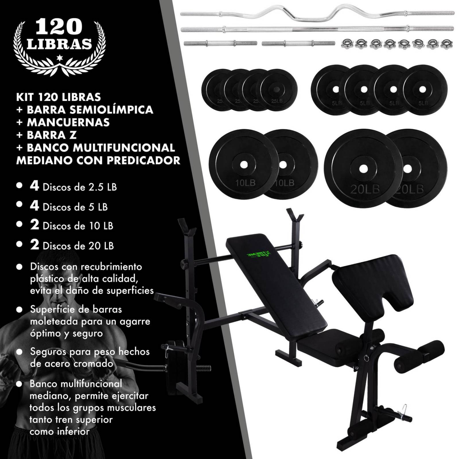 Banco + Predicador+Set de Barras Mancuernas 12 Discos 120LBs Negro